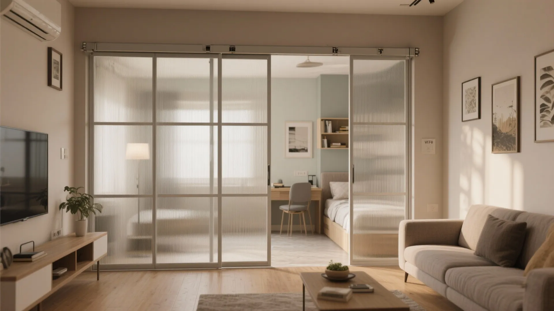 2) Sliding partitions to flex living, study, and guest use