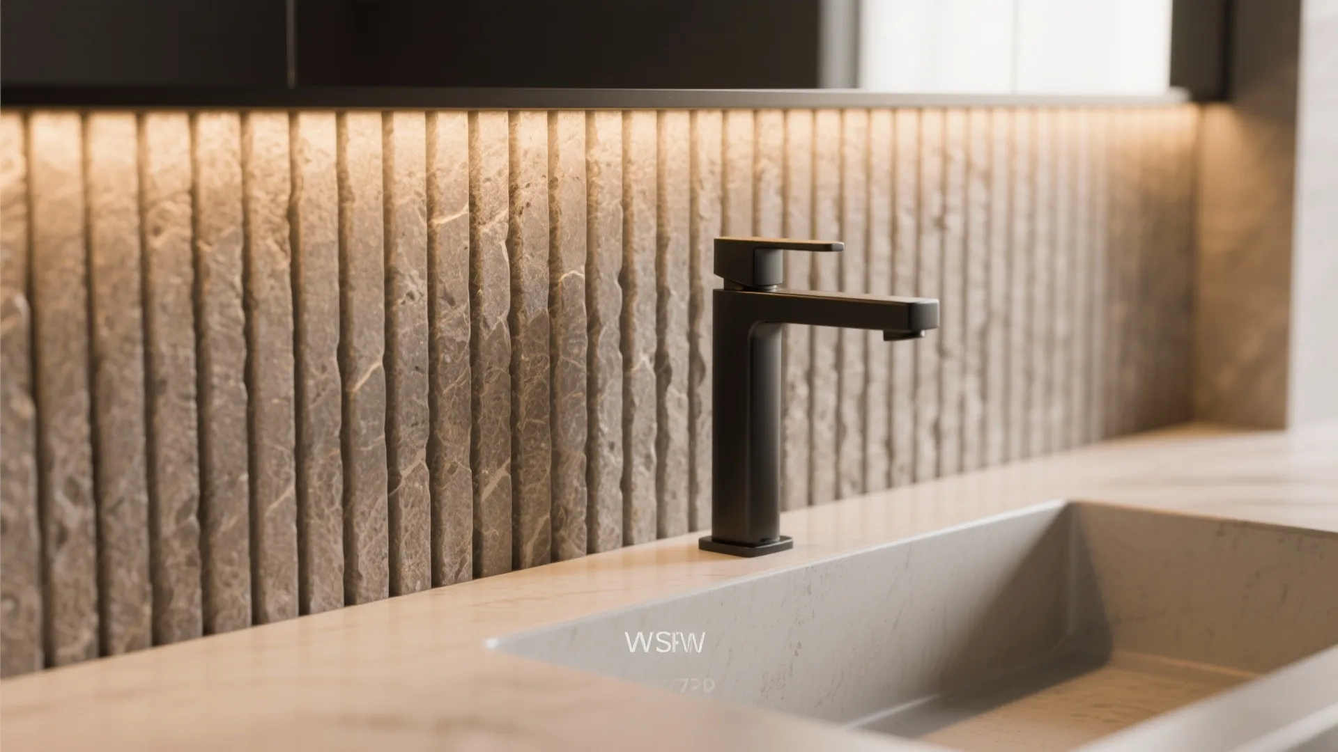 2) Fluted Stone Backsplash with Hidden Lighting