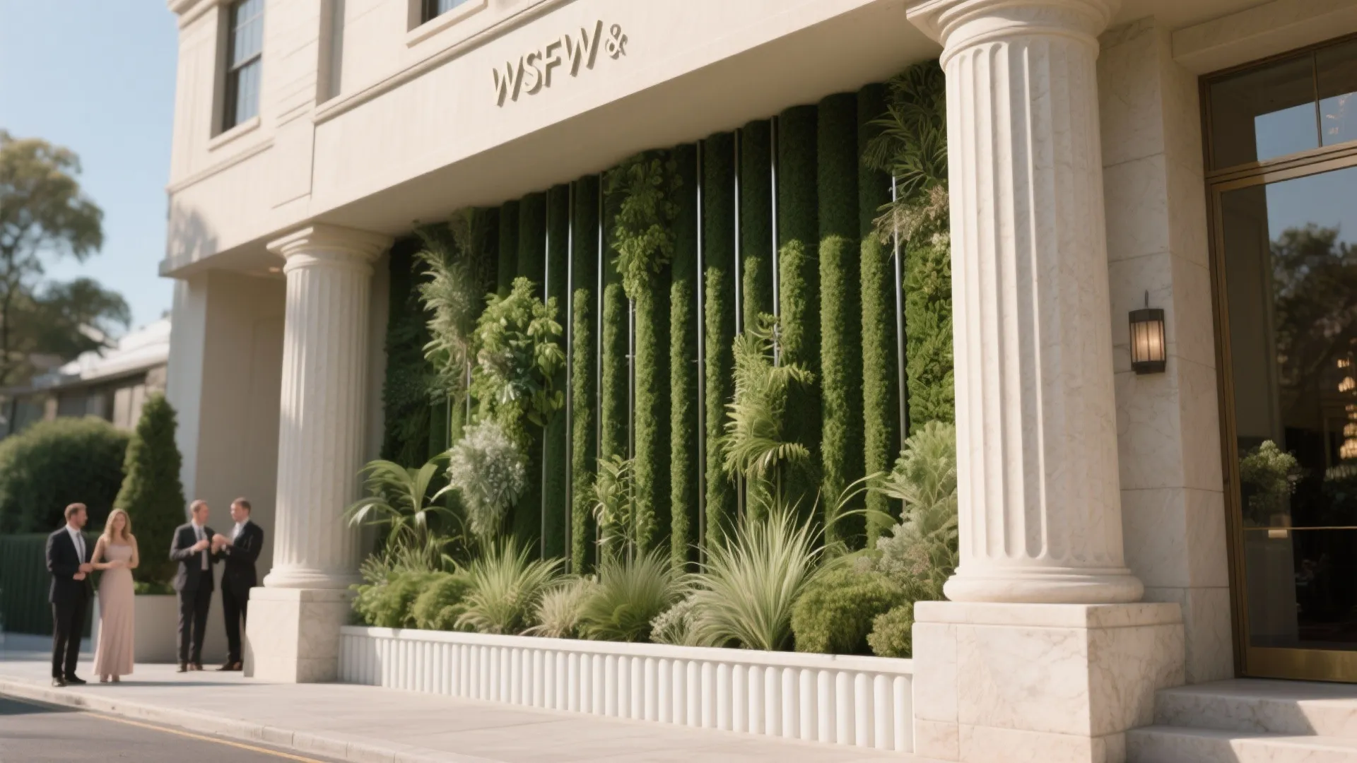 Classical building exterior featuring white columns vertical plant wall and people standing near the entrance