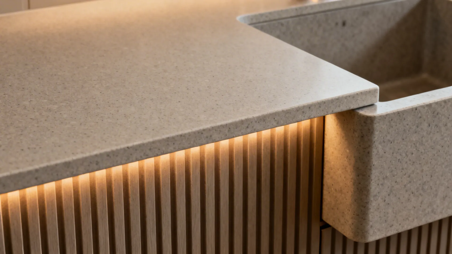 Textural drama: fluted stone islands and apron fronts