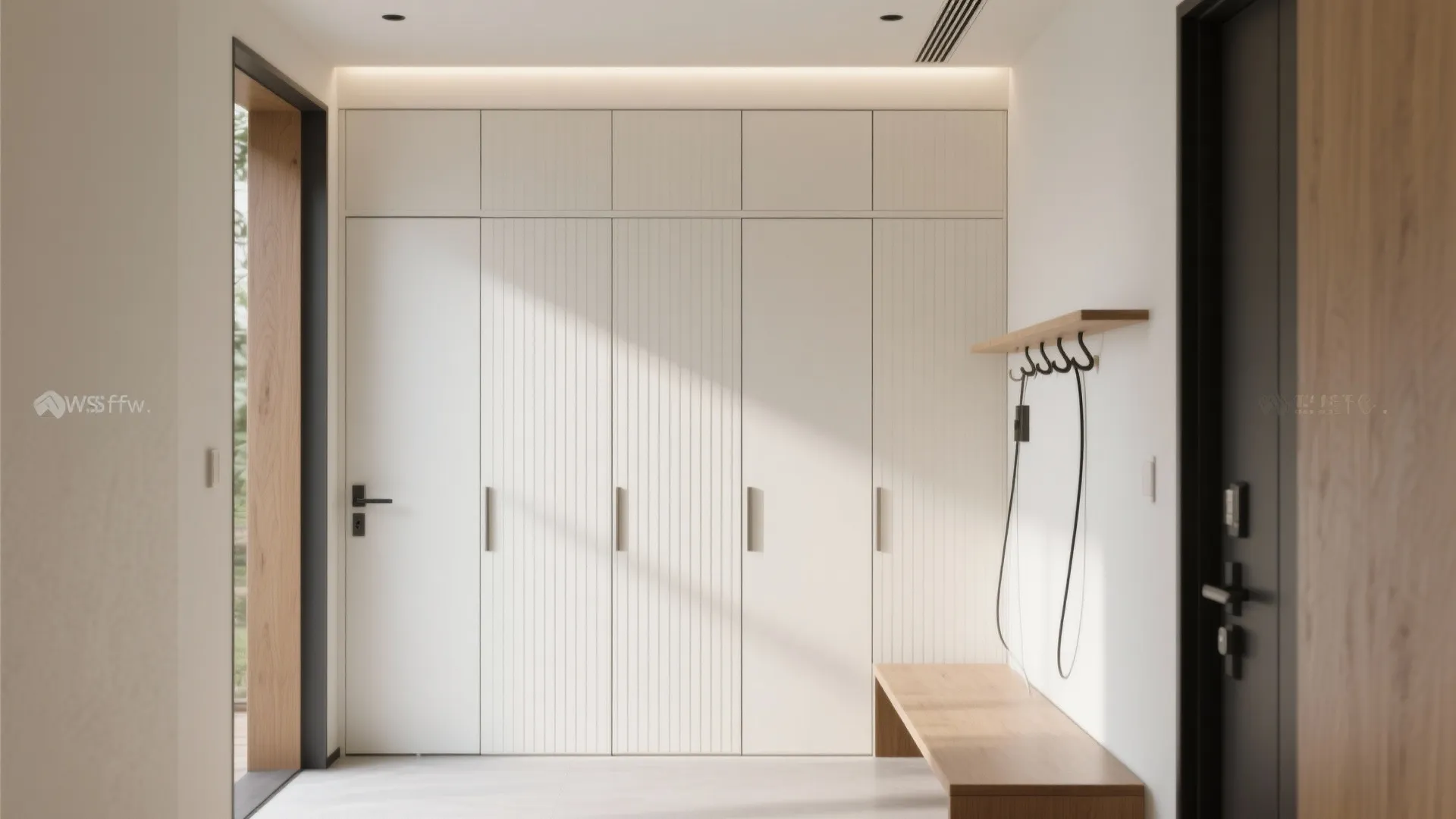 Narrow entry with vertical fluted MDF panels hiding push-latch storage and a slim bench under soft daylight.