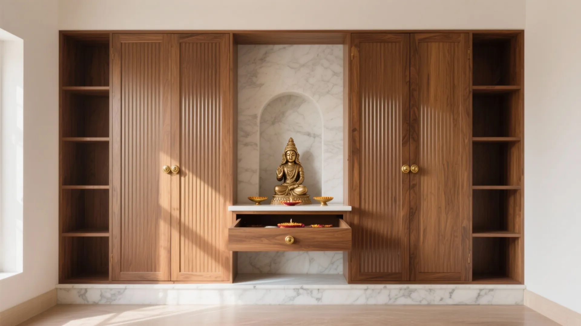 Calm Minimalist Pooja Wardrobe with Fluted Teak Panels