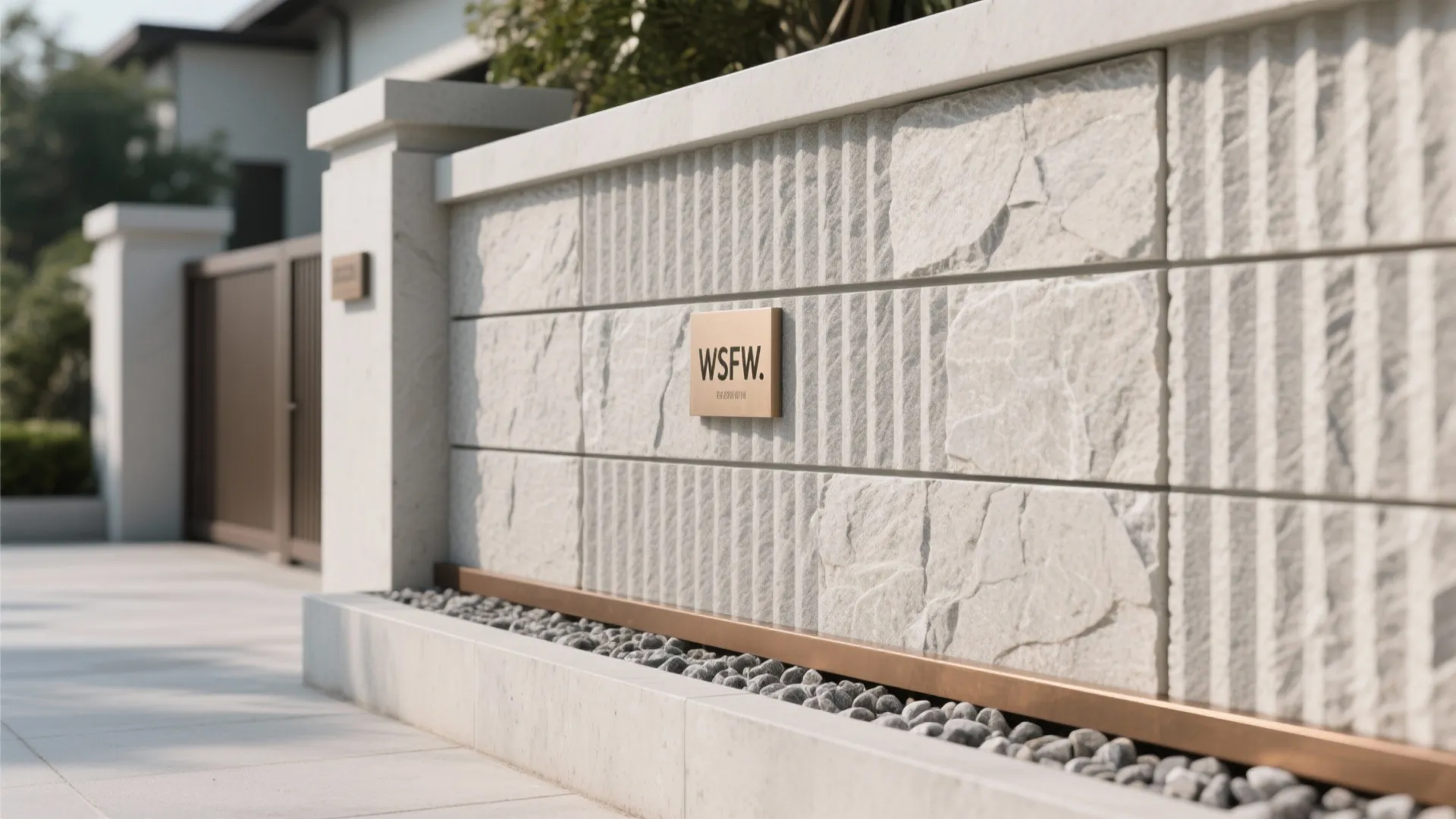 Close up of textured white stone wall panel with gold sign and small grey pebbles