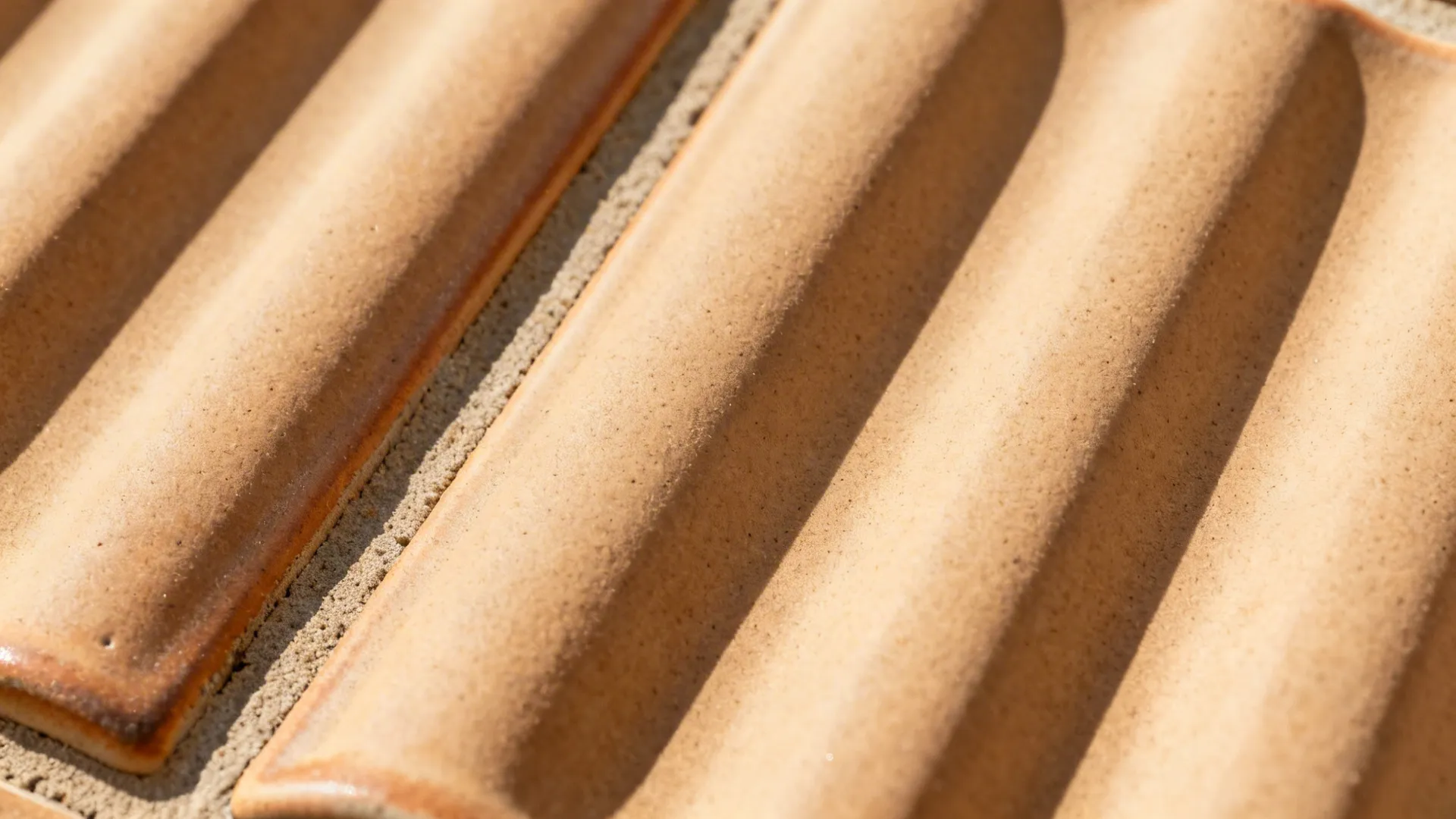 Macro of warm sand-toned fluted ceramic tile with matching grout and soft shadows.