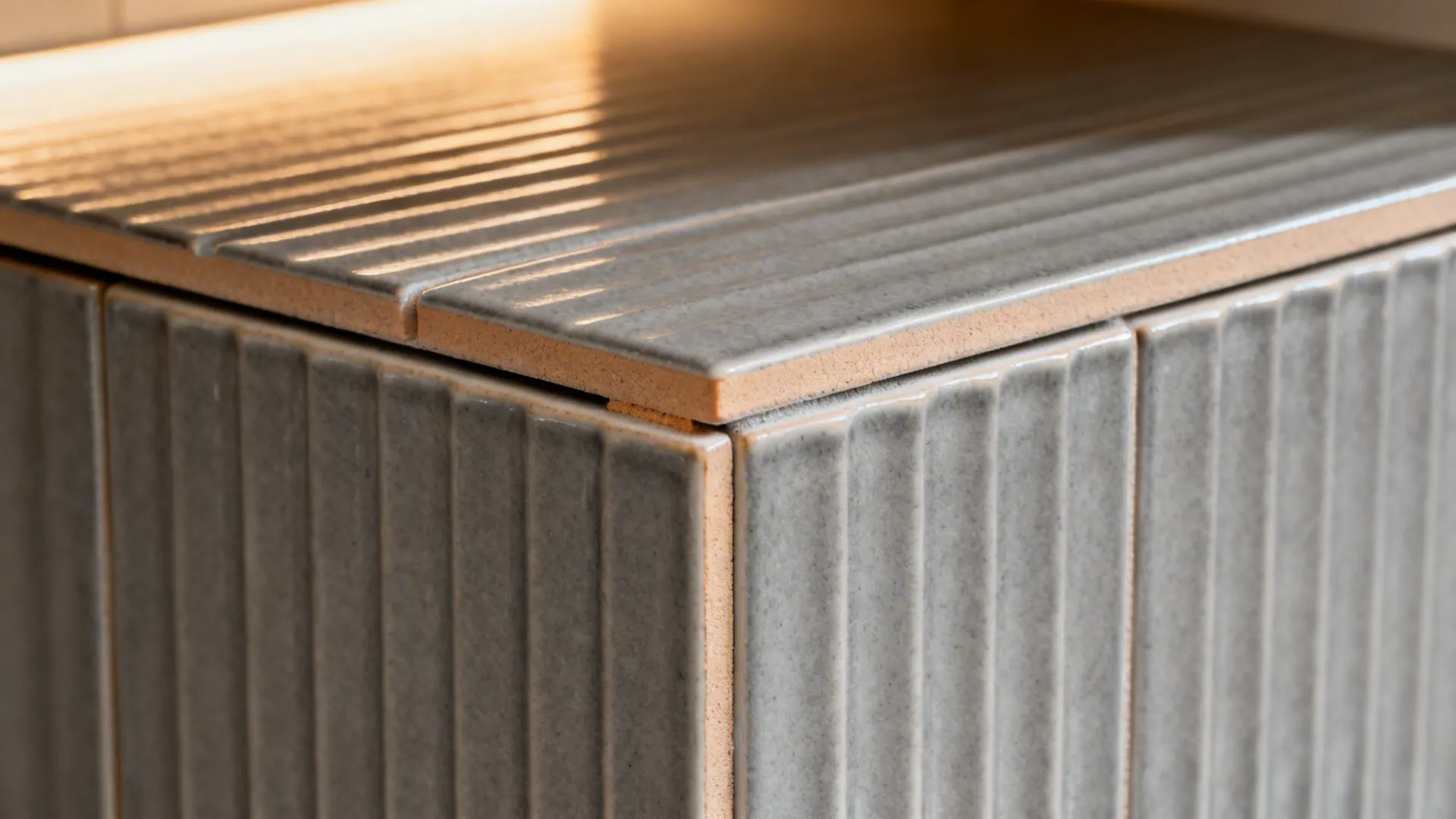 Macro of mid-grey fluted ceramic tile with warm grout under grazing light.