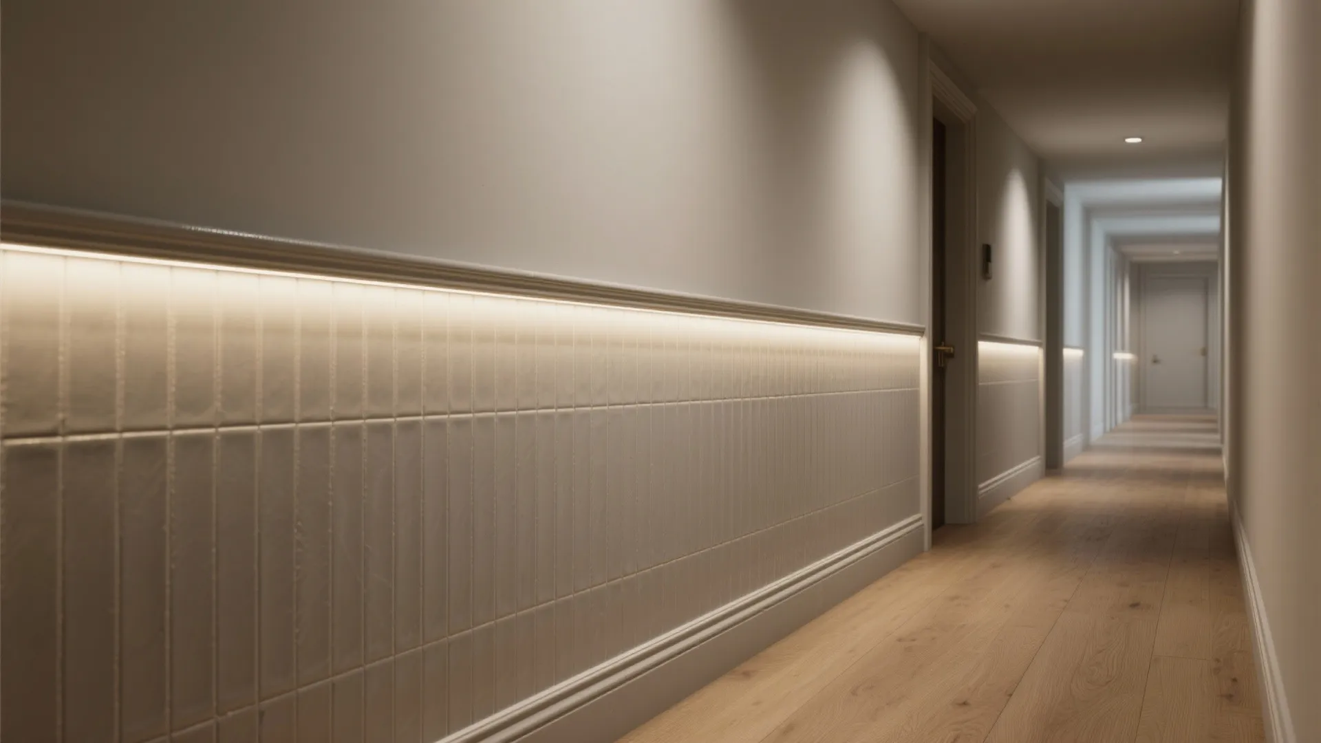 Modern corridor with white wall panel lighting and wood floor leading to a distant door