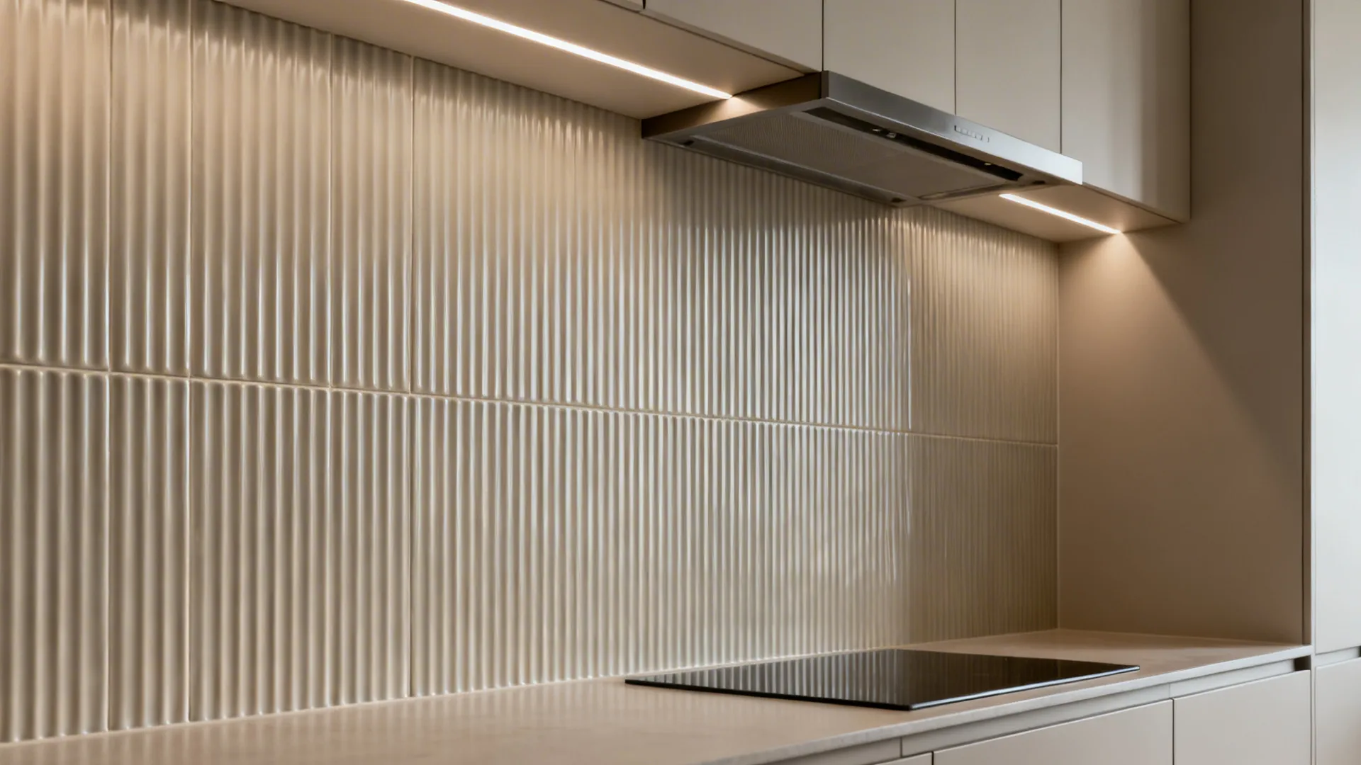 Vertical fluted tile backsplash with shallow ribs and satin glaze in a compact modern kitchen.