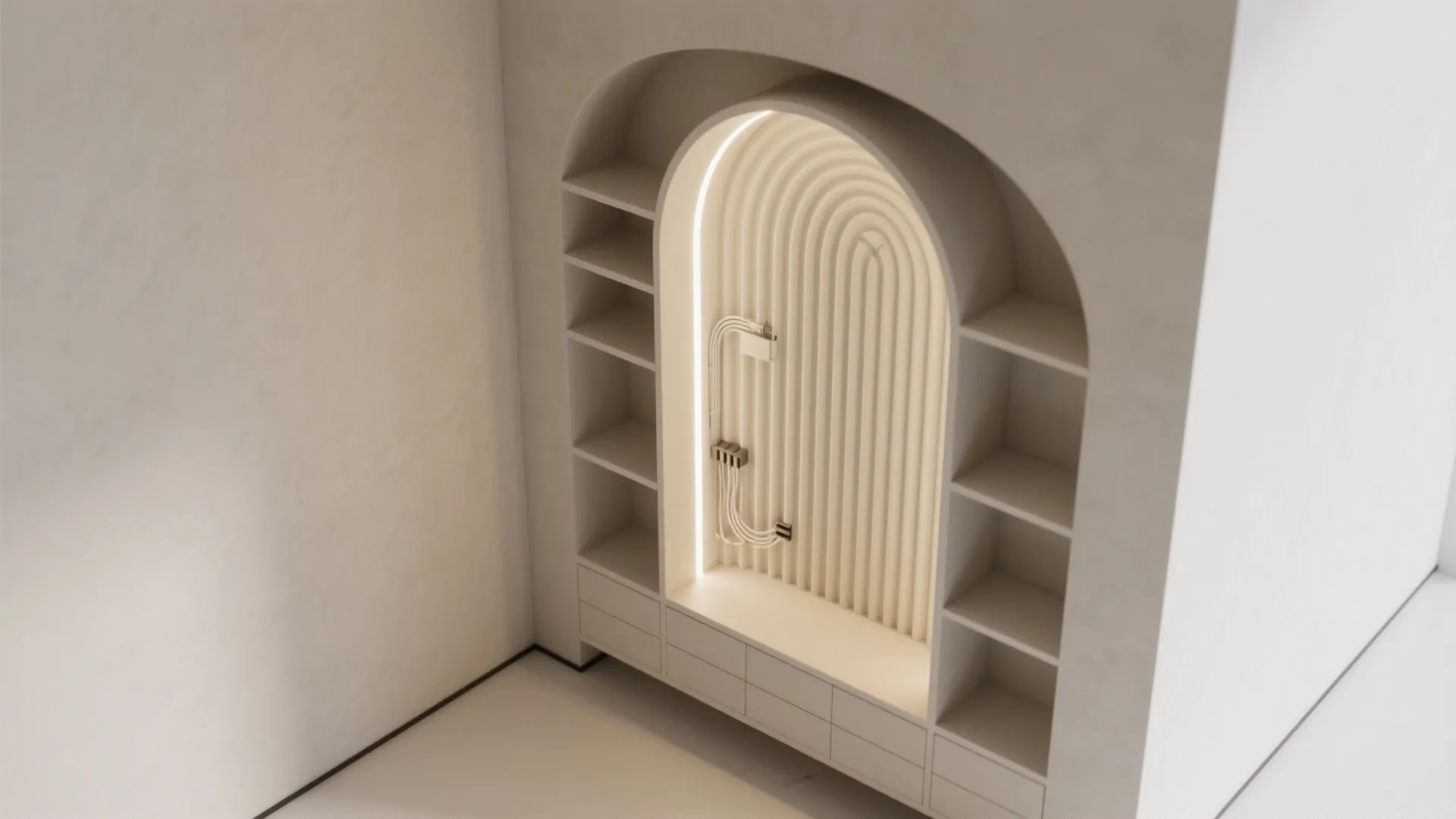 Contemporary fluted arch with concealed cabinetry