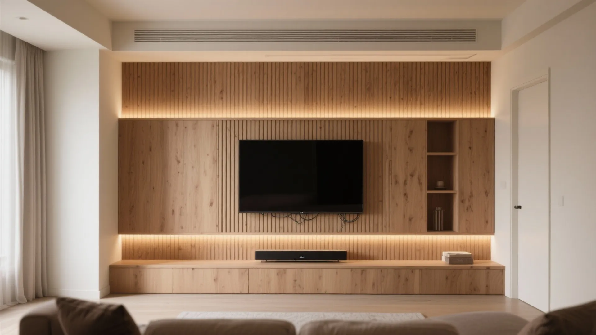 Built-in TV wall with fluted panels