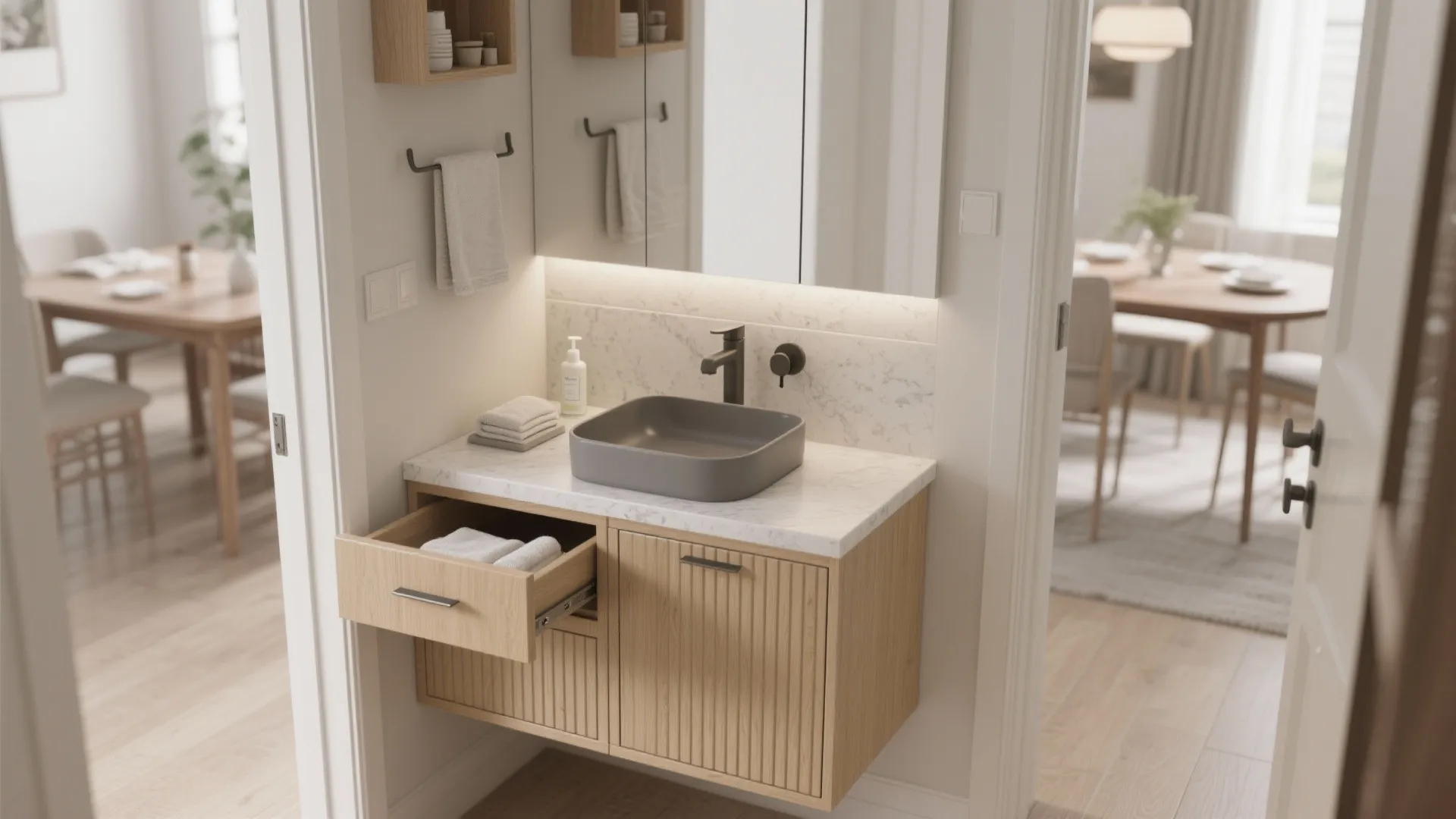Compact vanity with fluted wood and concealed storage