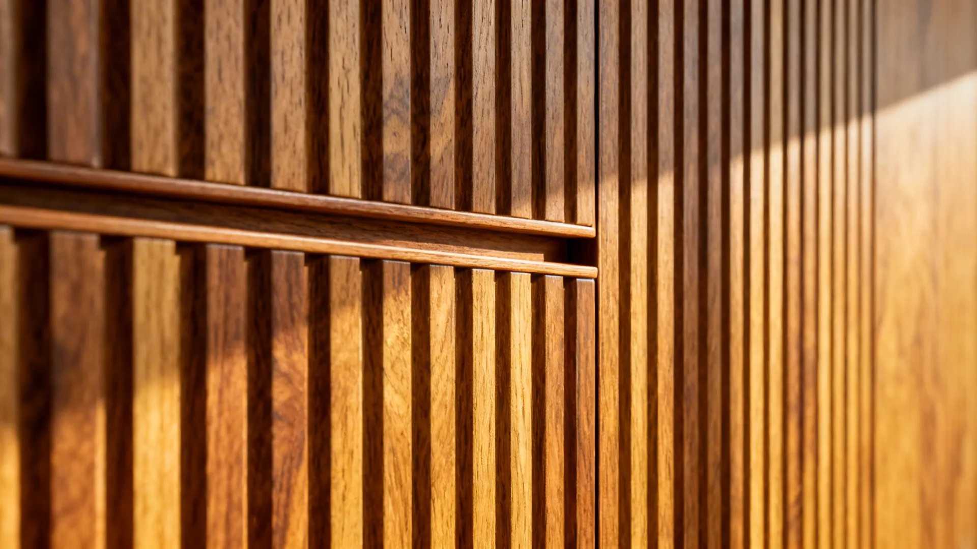 Close up of a wall panel with vertical wood slats showing natural texture and warm light