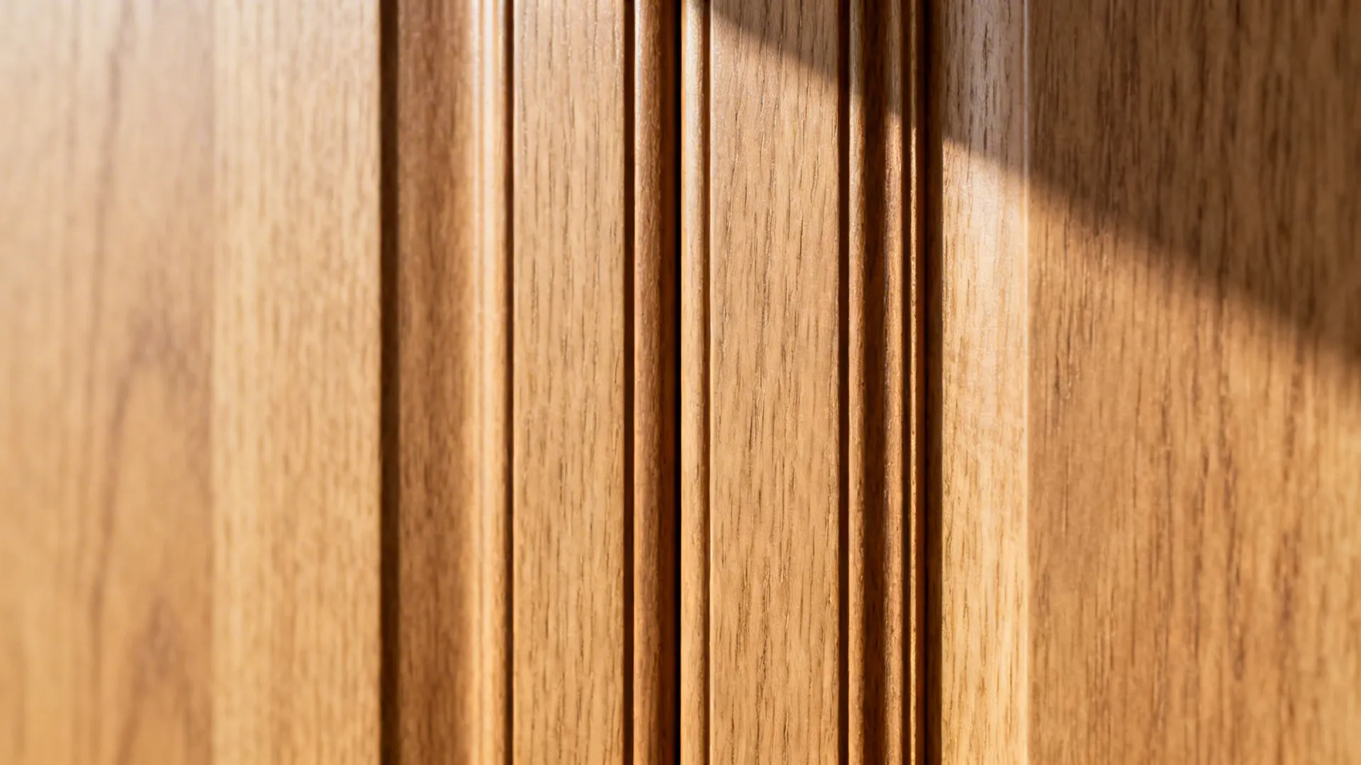 Macro of vertical oak veneer with shallow fluted ribs and clean edge banding.