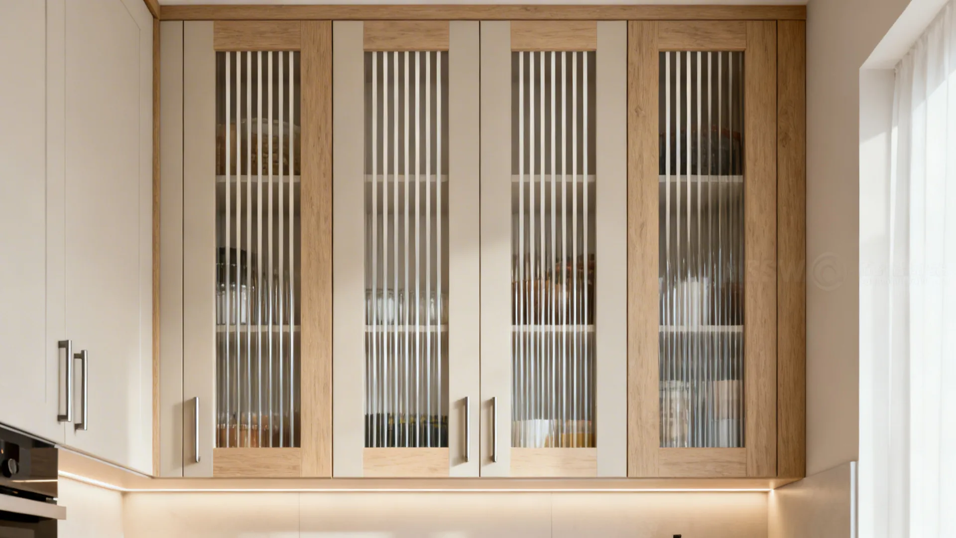 Small kitchen with vertical fluted etched glass cabinet doors aligned to emphasize height and rhythm.