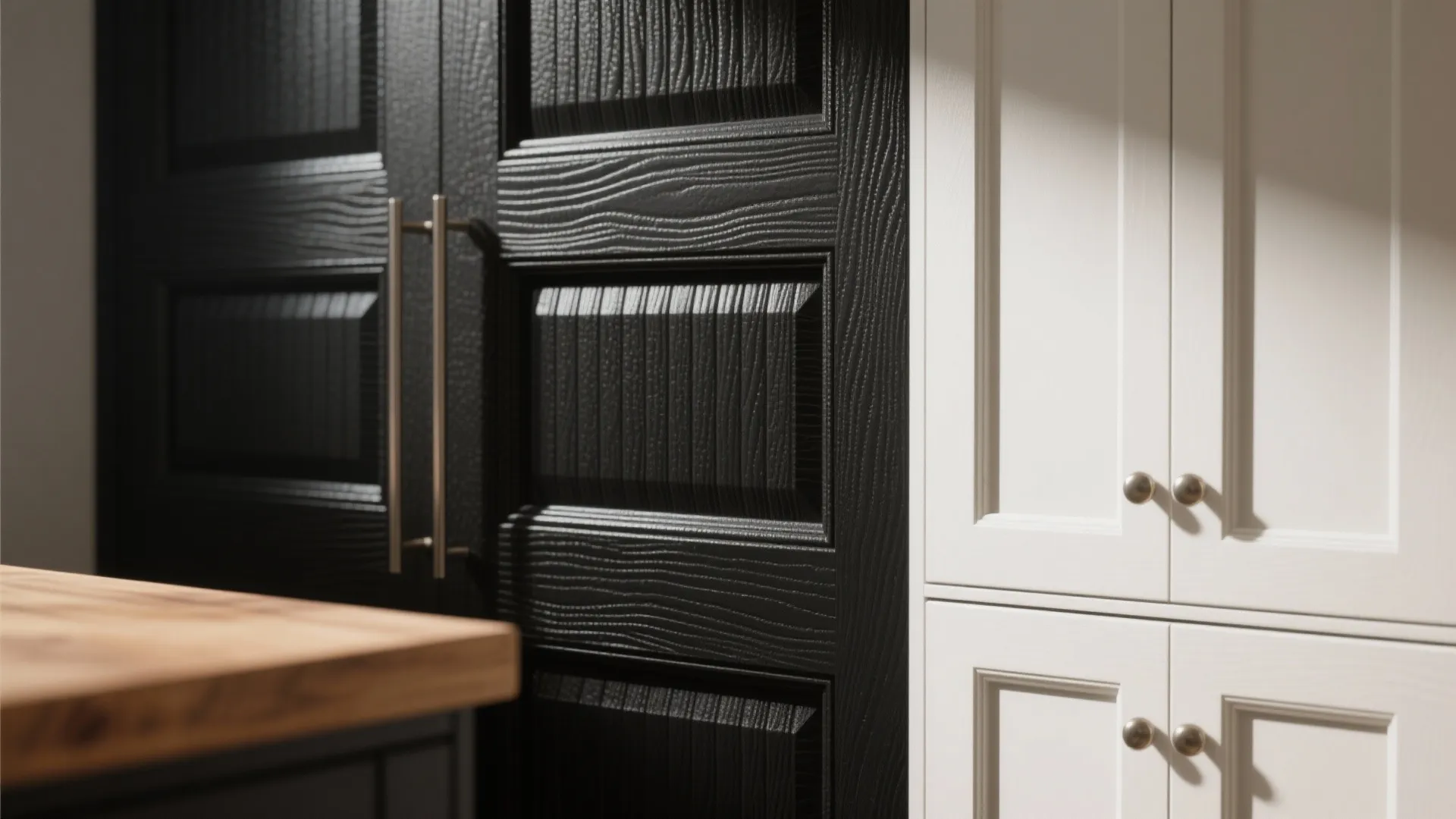 Close-up of black wood grain cabinet doors next to white classic wall panel cabinet doors