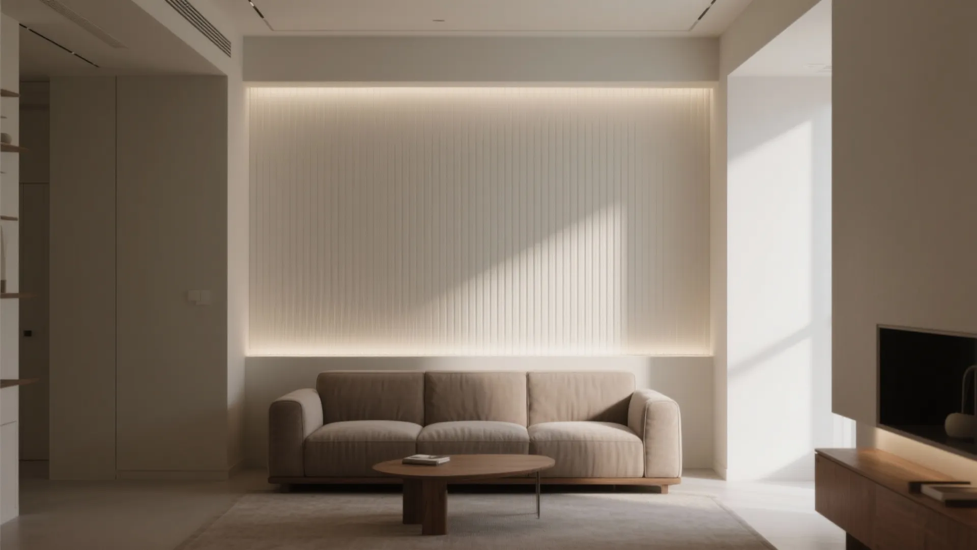 Modern living room featuring beige sofa wooden coffee table white wall panel with warm light