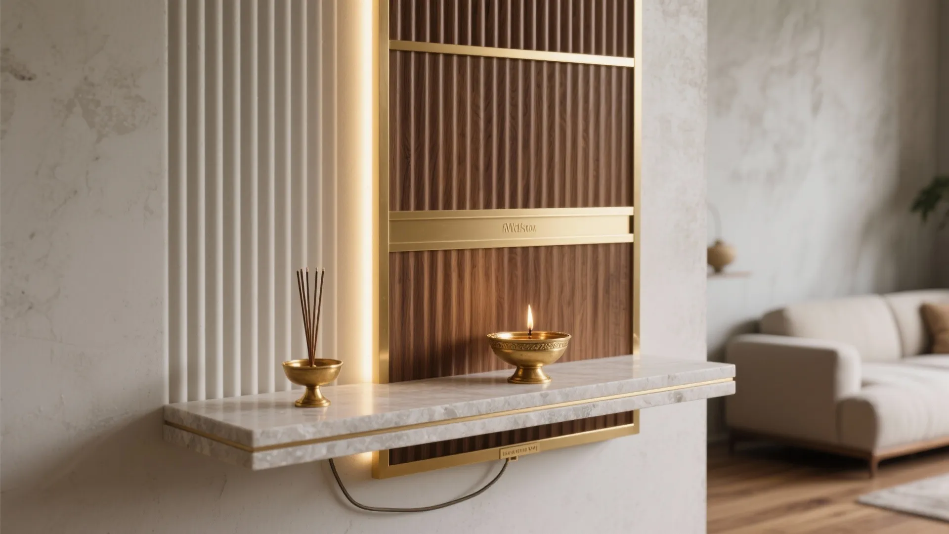 Modern marble floating shelf with golden candle bowl against decorative wood and white wall panel