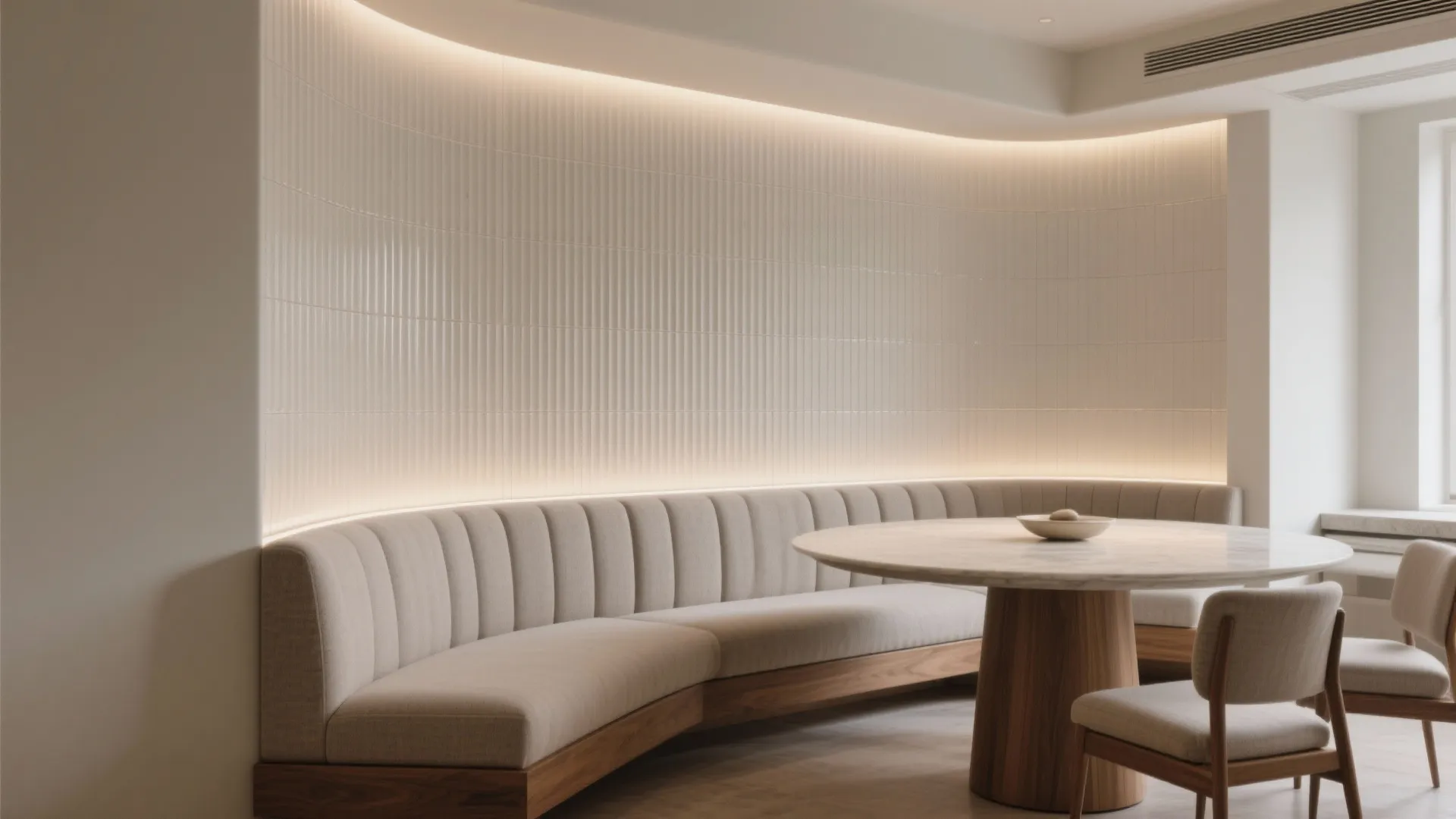 Modern curved seating area with cream wall panels integrated light strips and round marble dining table