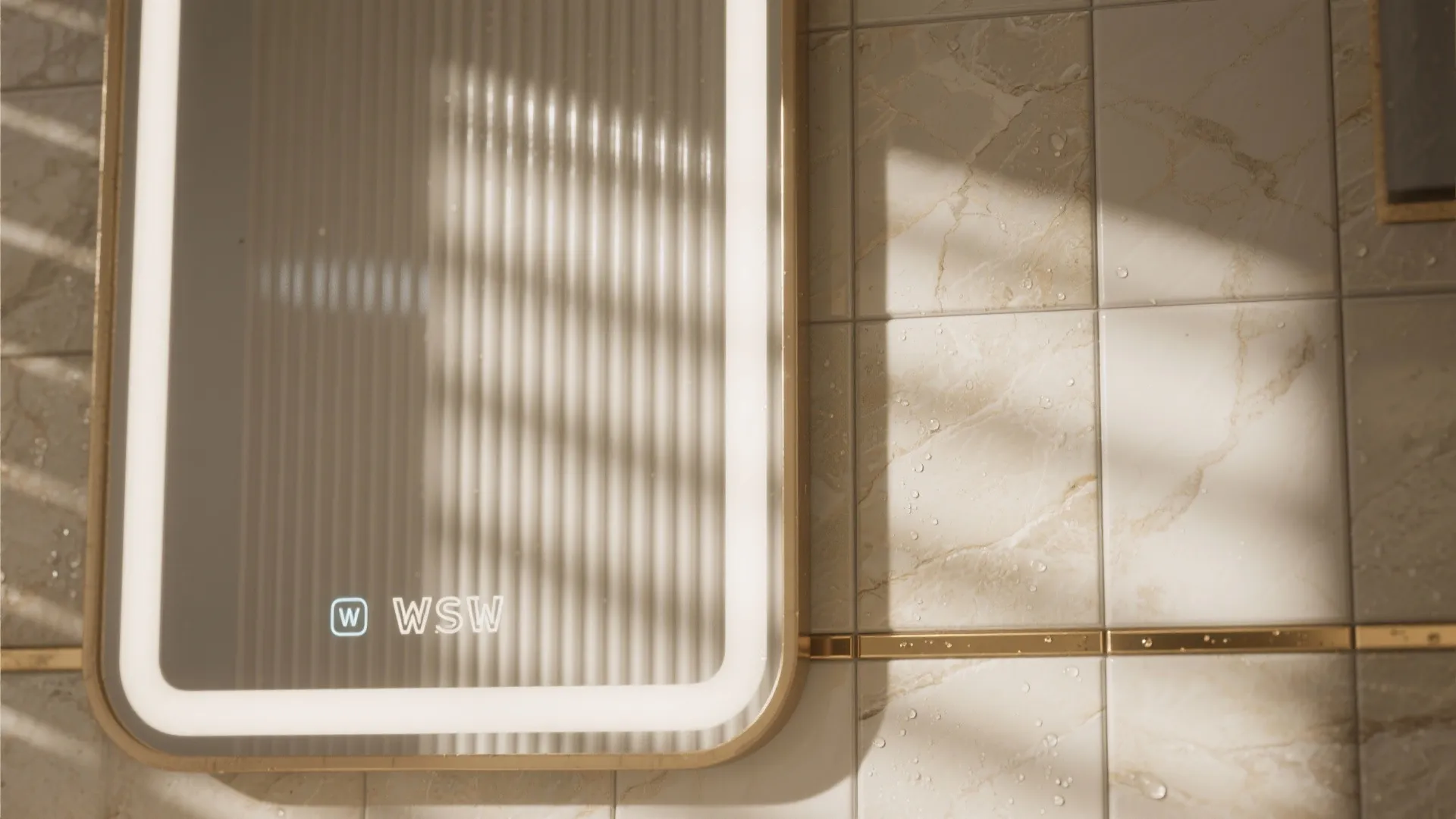 Modern bathroom mirror with light detail on marble wall panel with warm natural light shadows