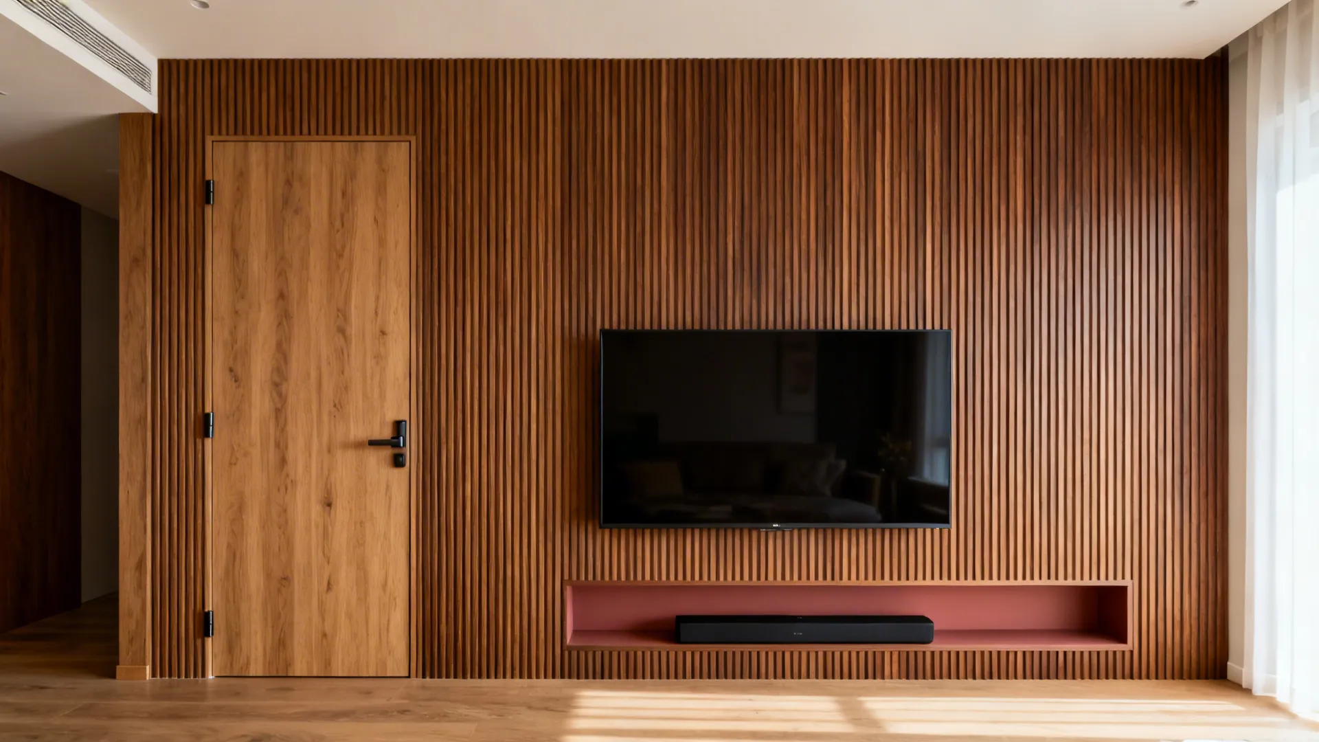 Fluted wood media wall with a concealed storage door and a slim TV niche with a soundbar.