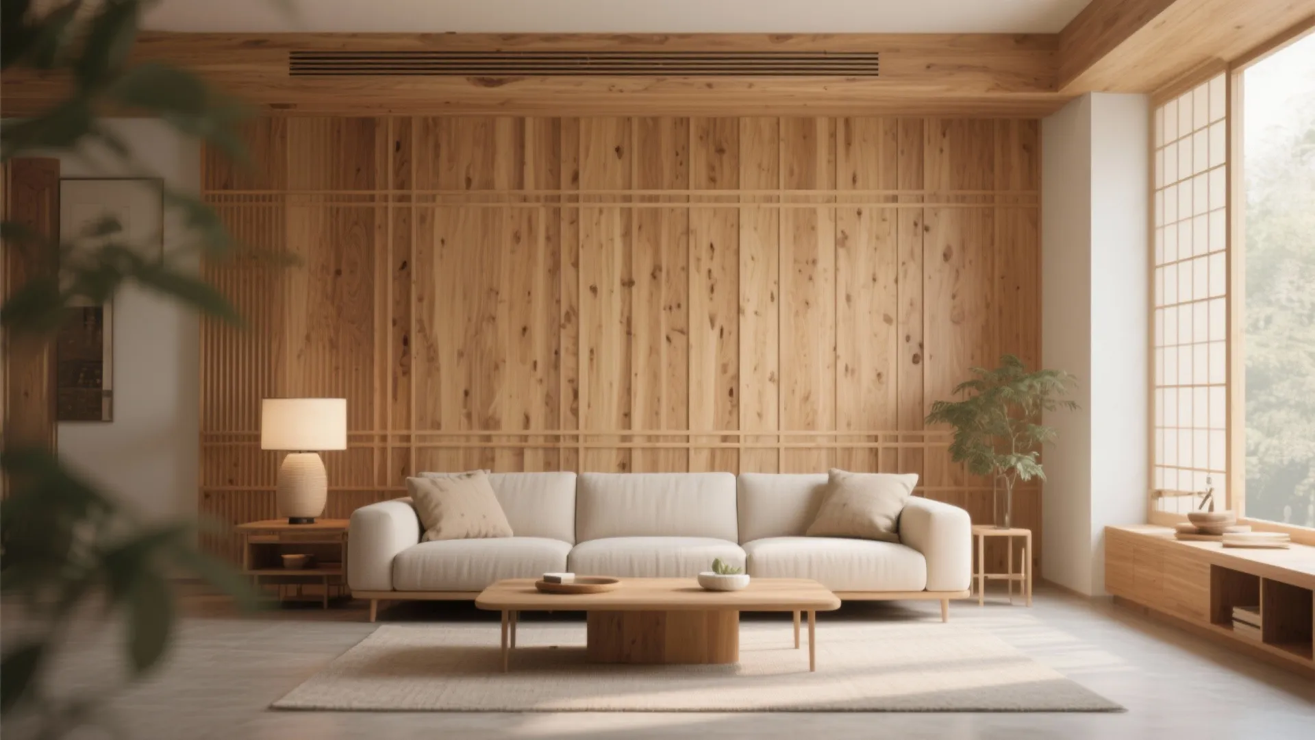 Minimalist living room with wooden wall panel sofa coffee table table lamp and large windows