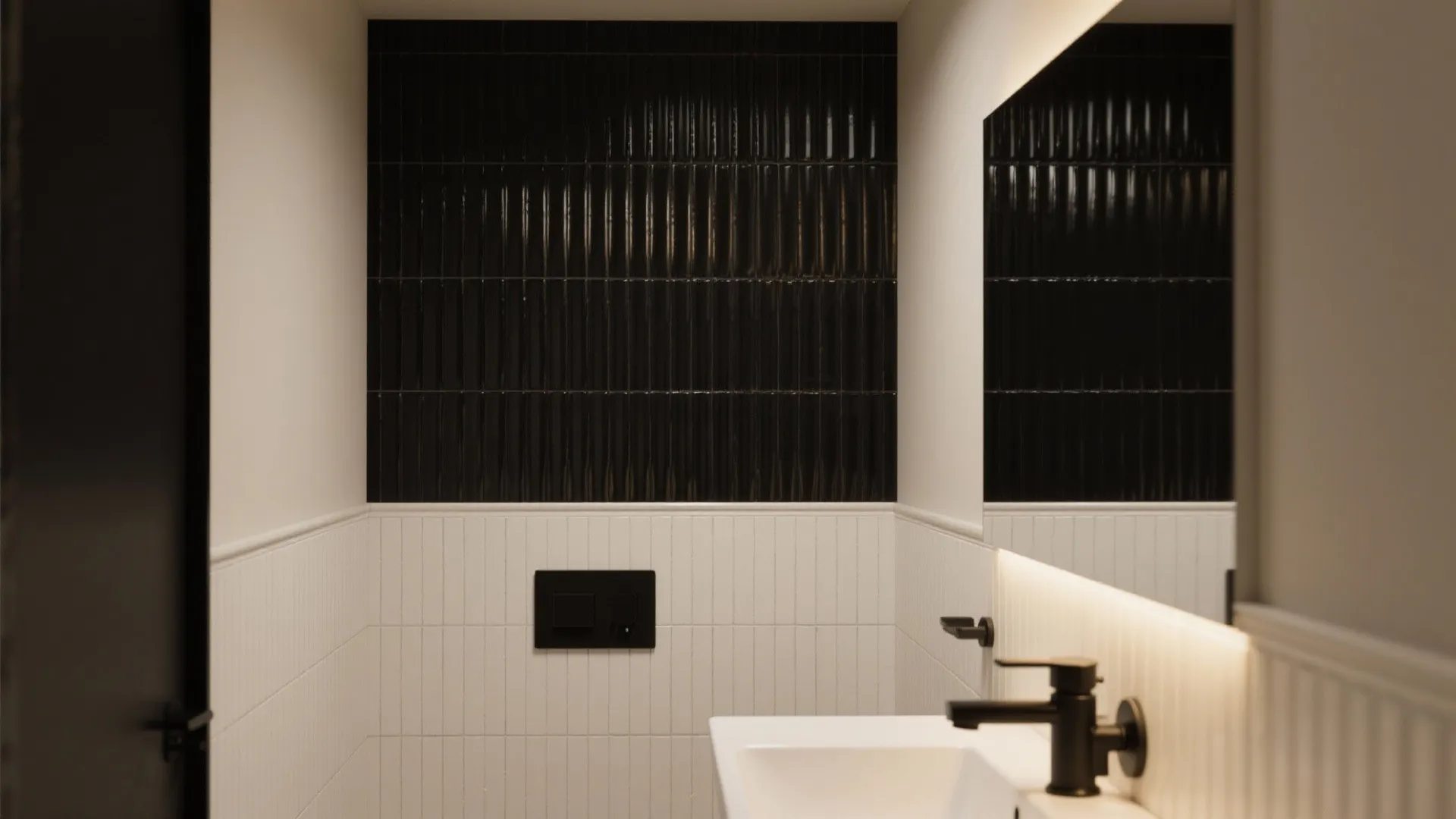 Minimalist bathroom interior with black wall panel white wall tiles sink and black water faucet