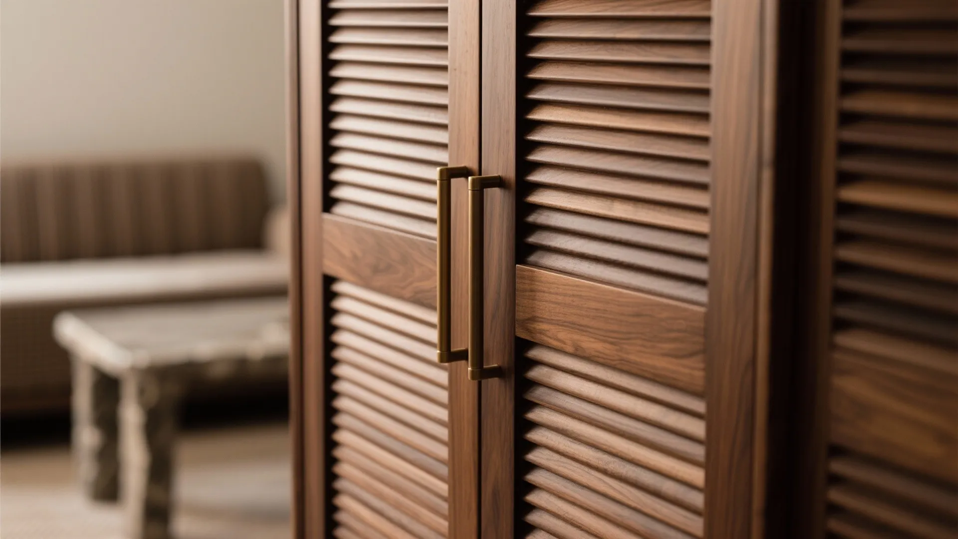 Close up view of wooden cabinet doors with horizontal slats and long metal door handles