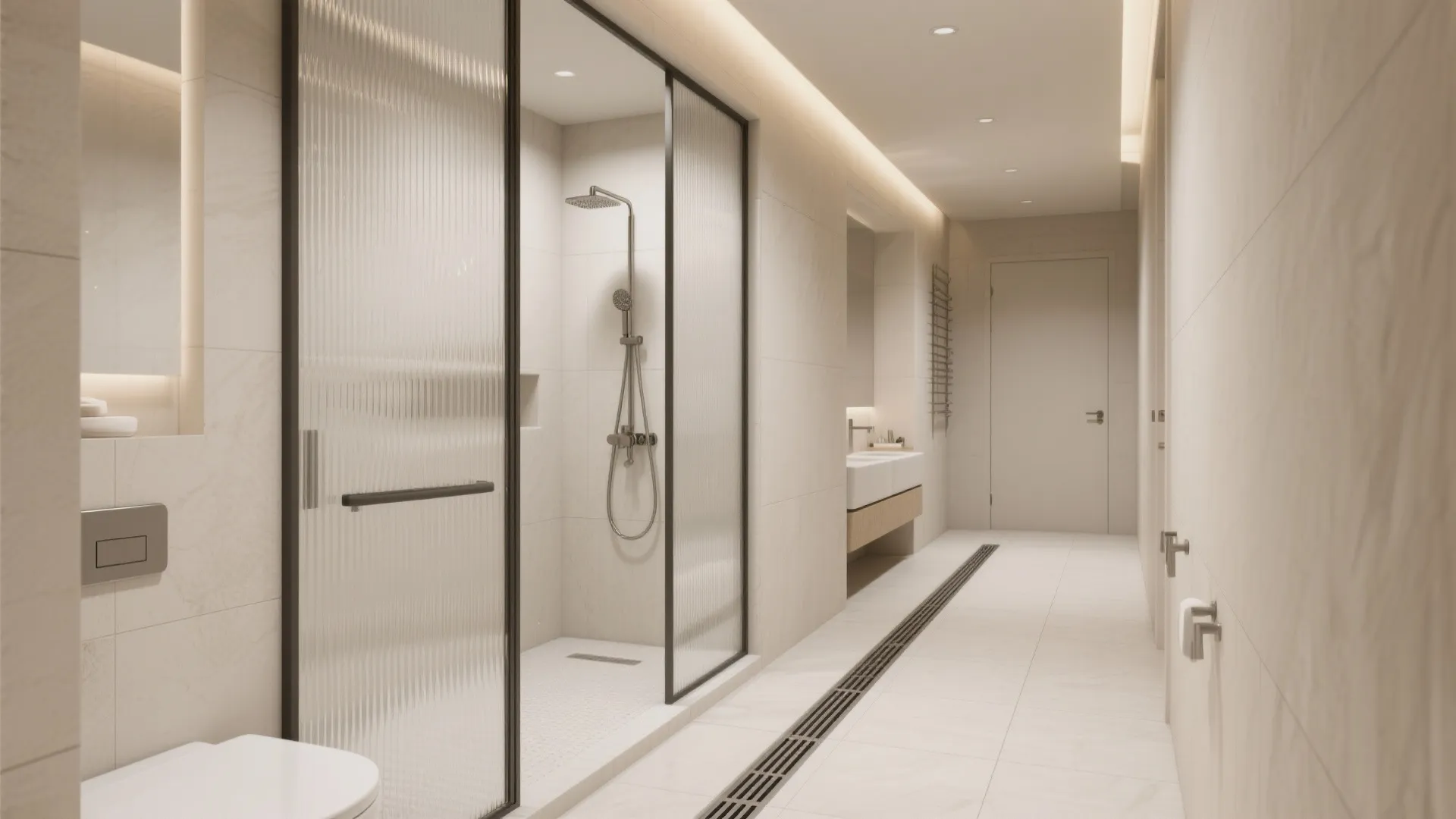 Minimalist white bathroom featuring a glass shower door long floor drain and clean modern layout
