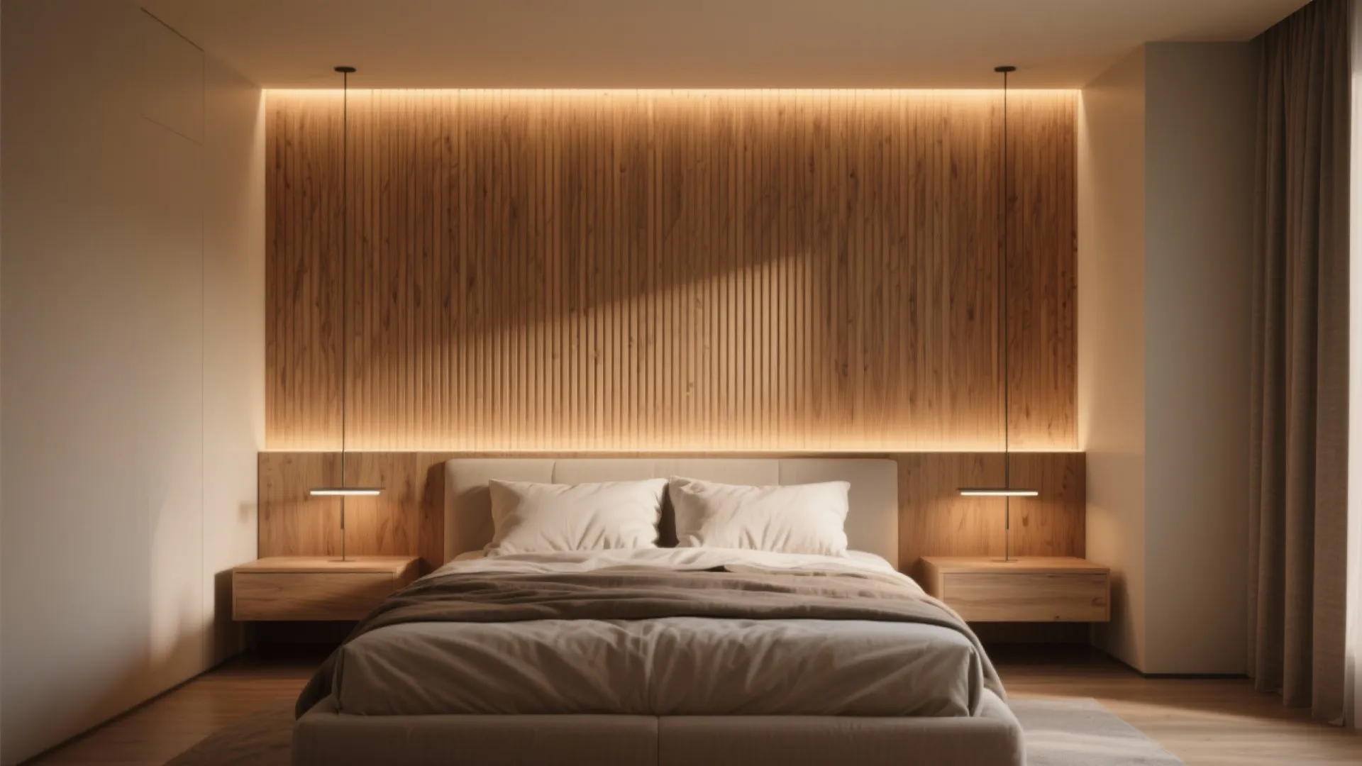 Modern bedroom featuring a vertical wood wall panel, hidden warm lights, and stylish hanging lights