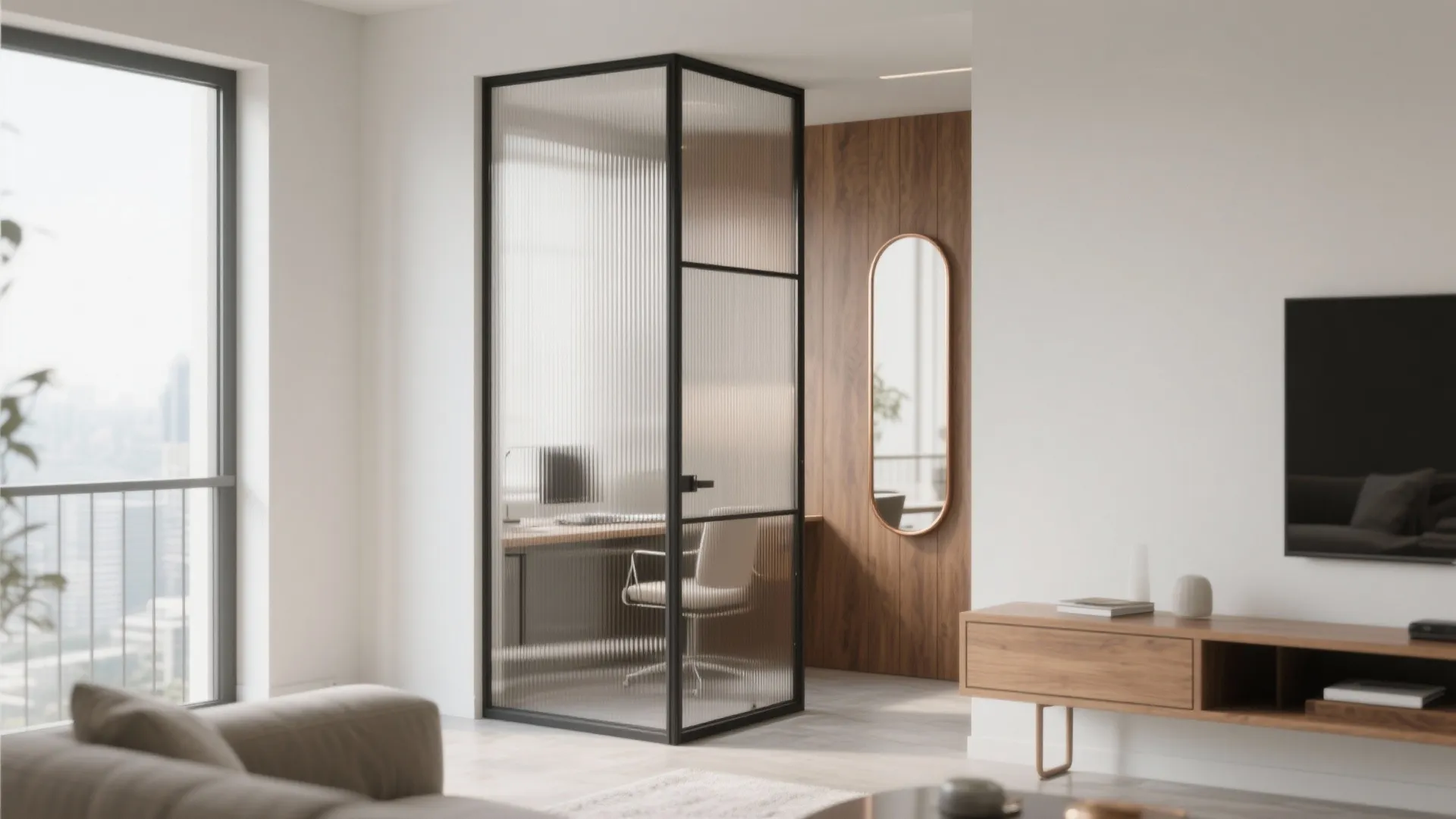 Fluted Glass Partitions and Reflective Surfaces