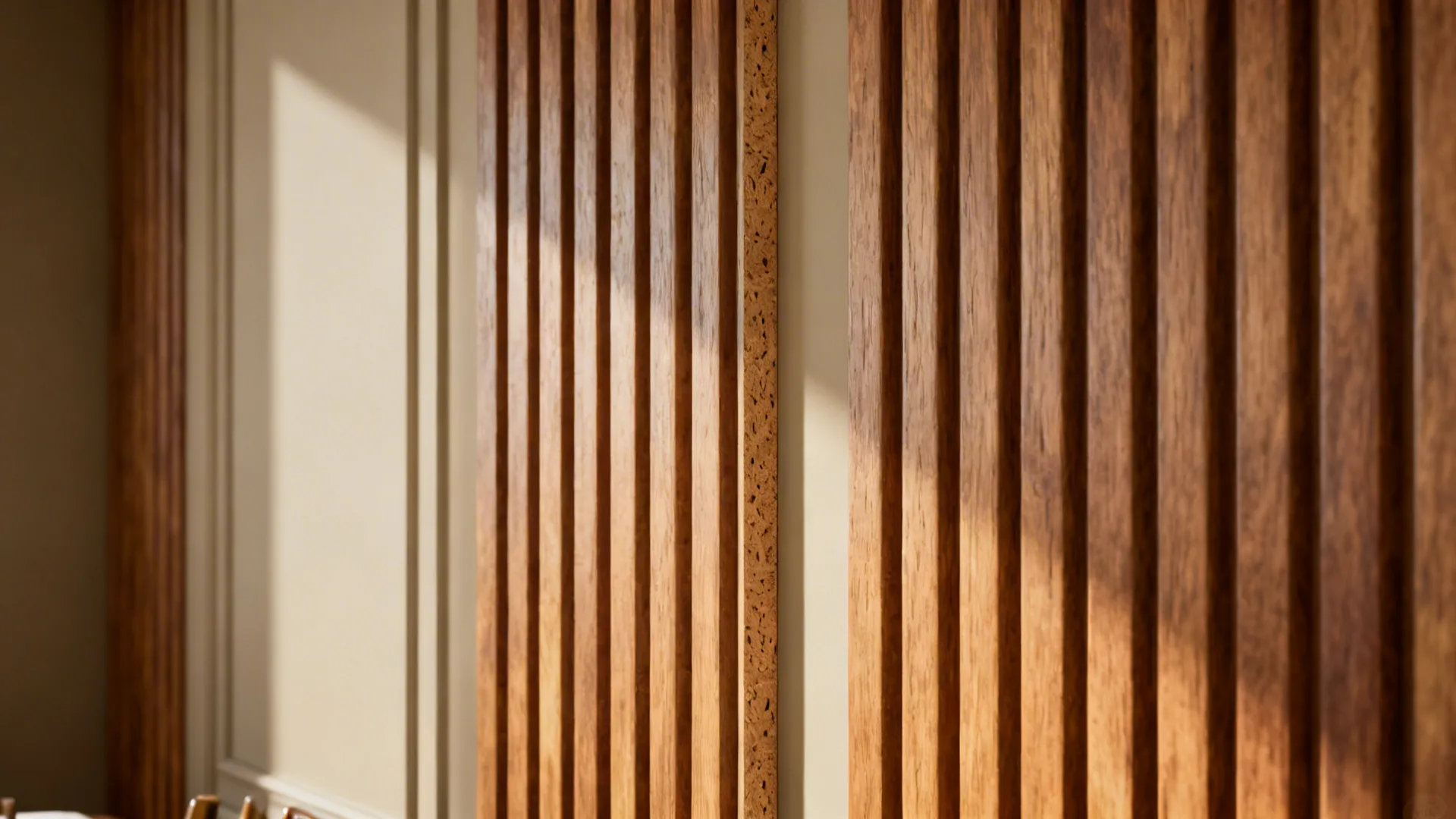 Close up of vertical wooden wall panel textures on cream background with warm natural sunlight