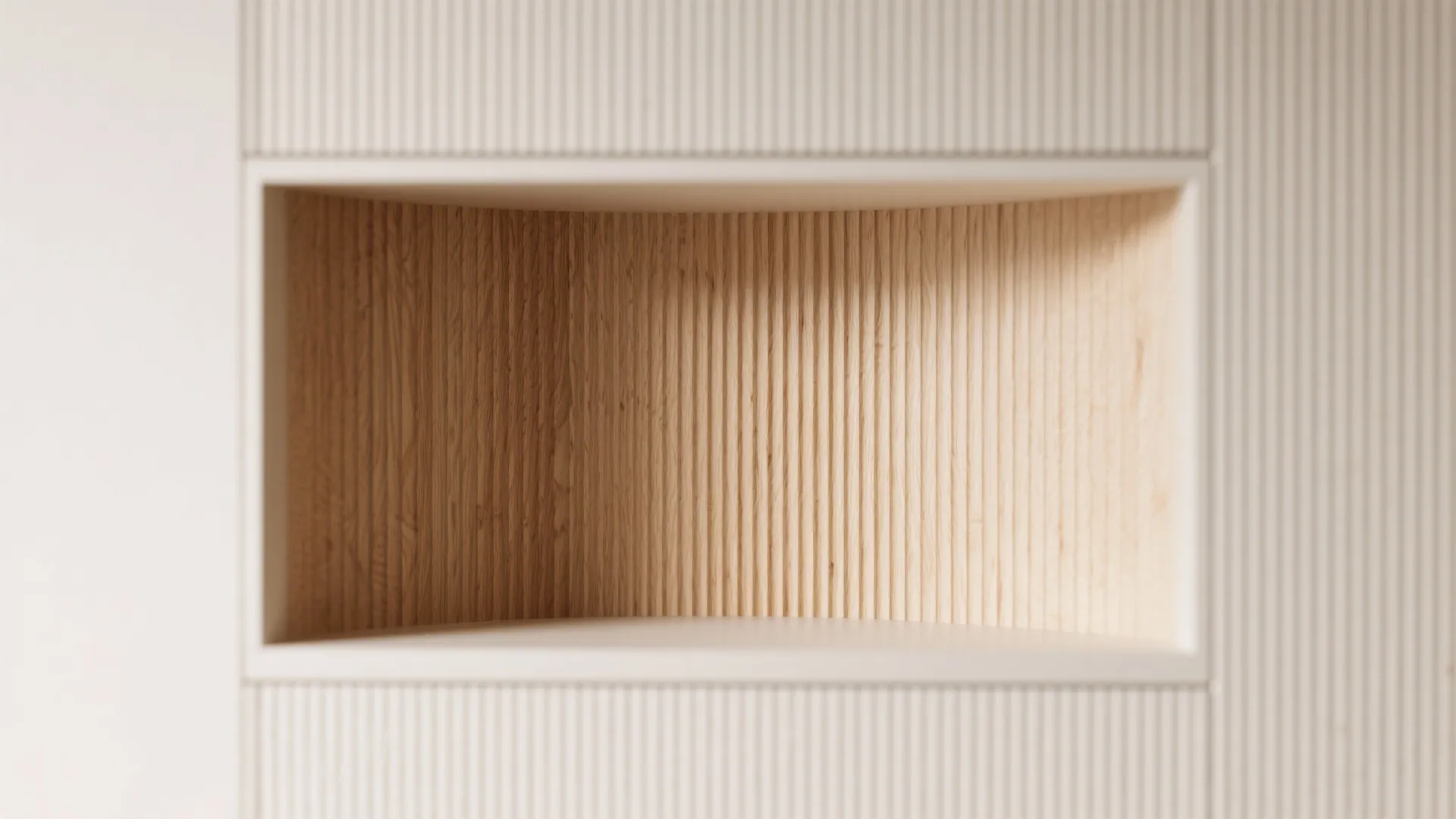 Macro of fluted wood niche backing with soft daylight revealing warm grooves.