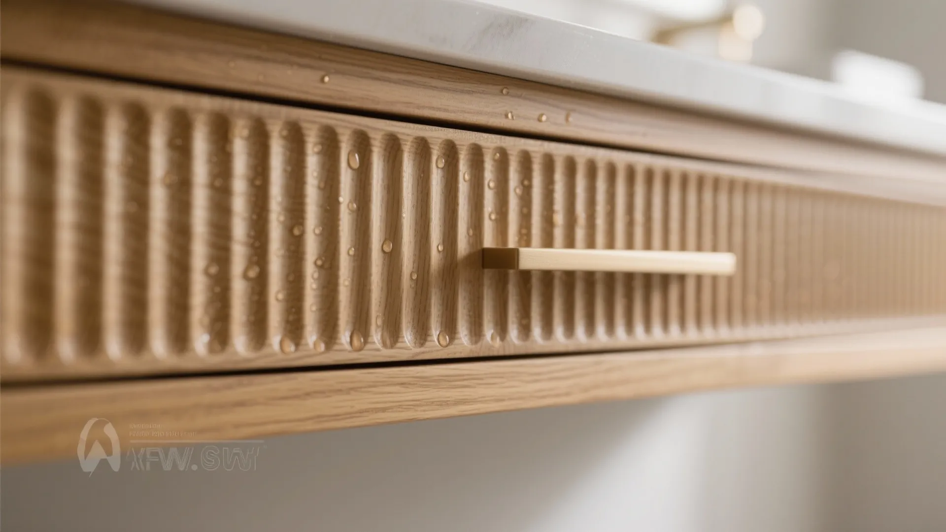 Warm Wood Textures and Fluted Fronts (Moisture-Smart)