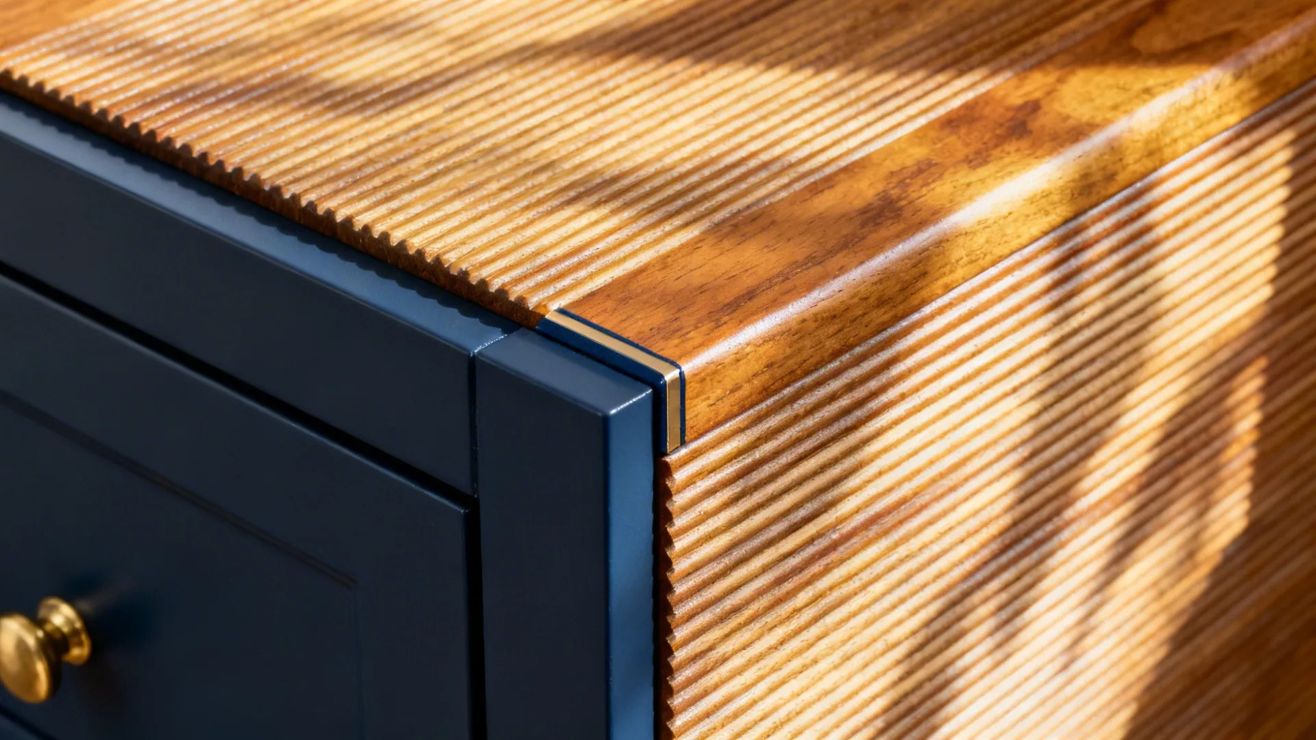 Detail of blue cabinet featuring textured wood paneling gold knob and warm natural sunlight shadows