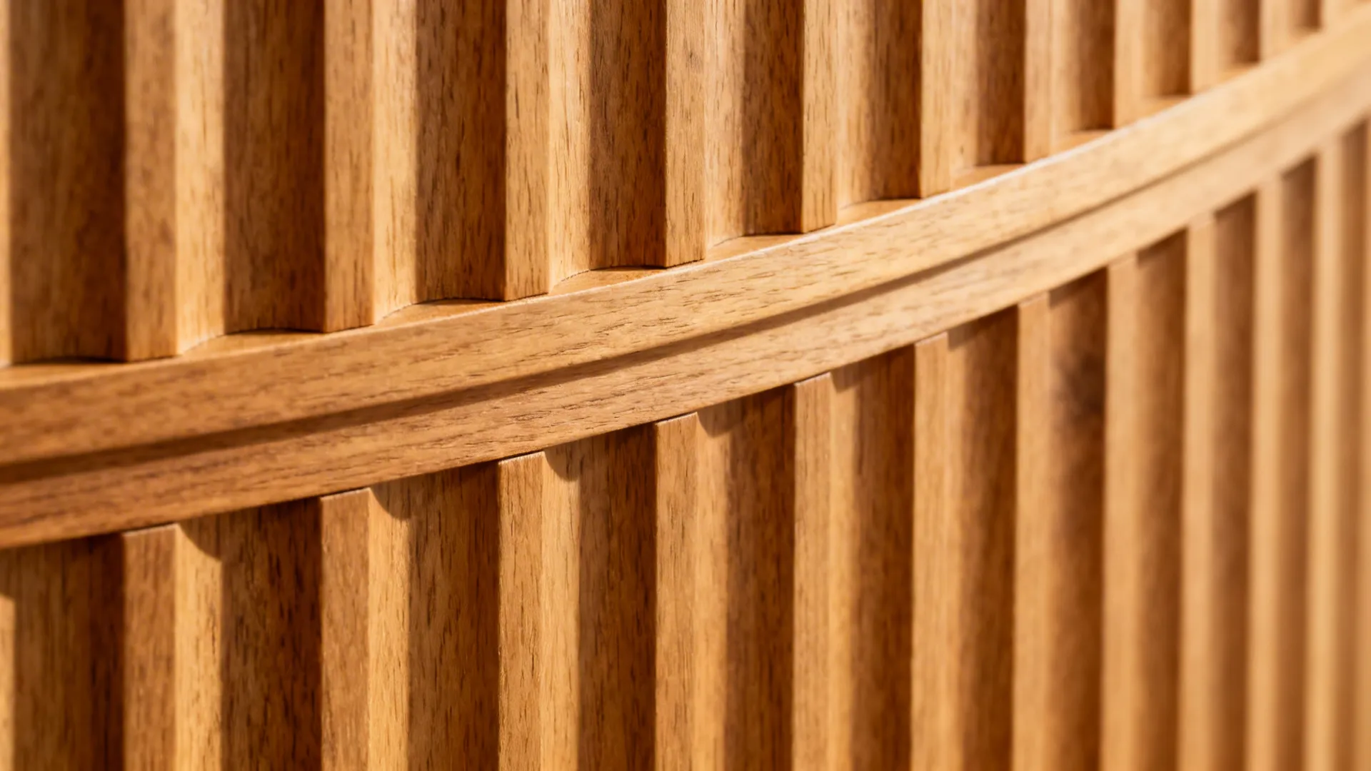 Macro of fluted oak panels showing ribbed profile, grain detail, and warm tones.