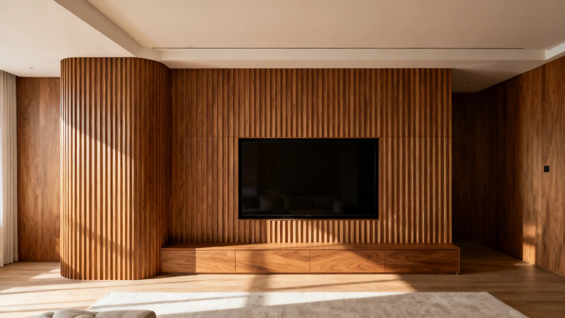 Fluted oak panels wrap a column and media wall, adding warm rhythm to a modern living room.