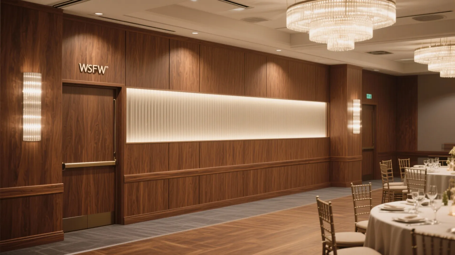 Fluted wood panels with integrated wall-wash and signage