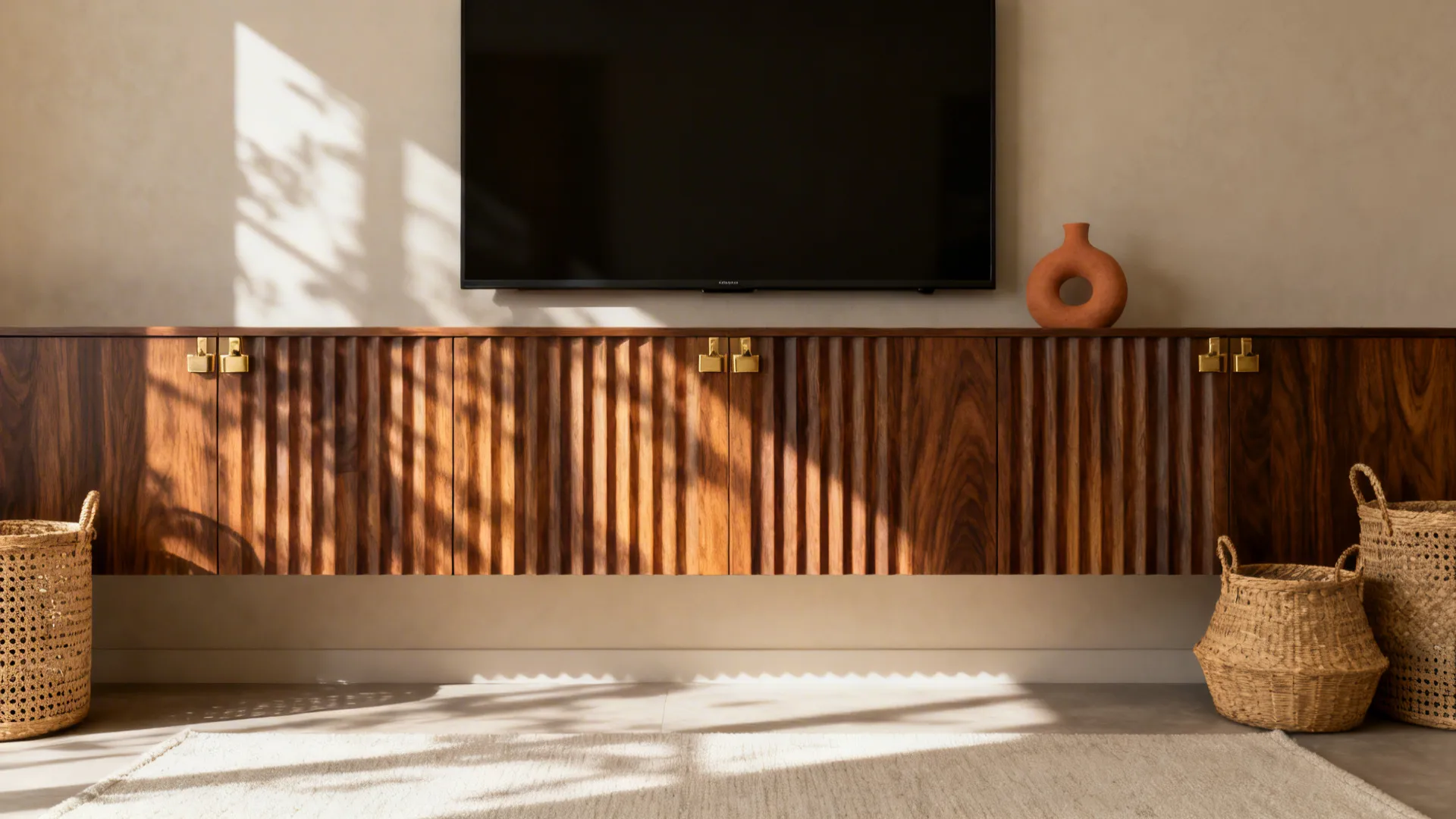 Modern wall mounted wood cabinet with vertical lines below a television and two woven baskets