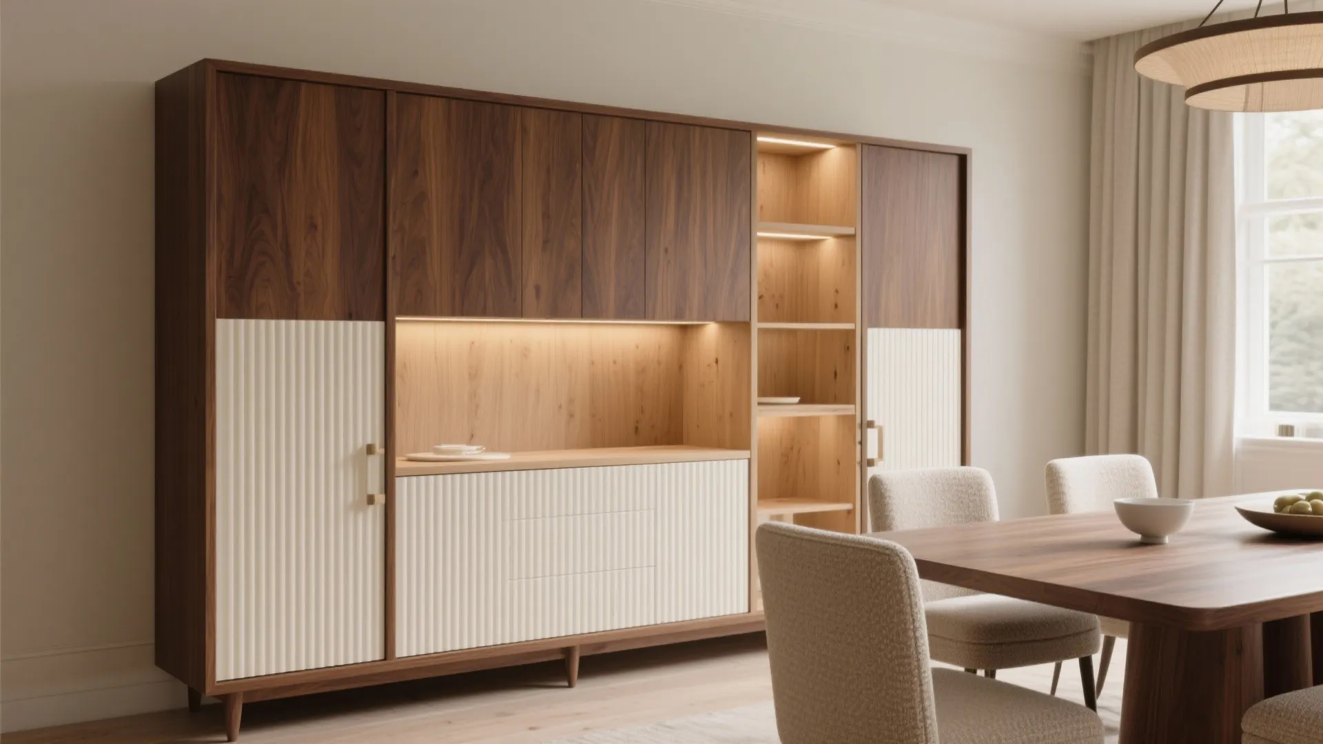 Warm wood accents with fluted panels