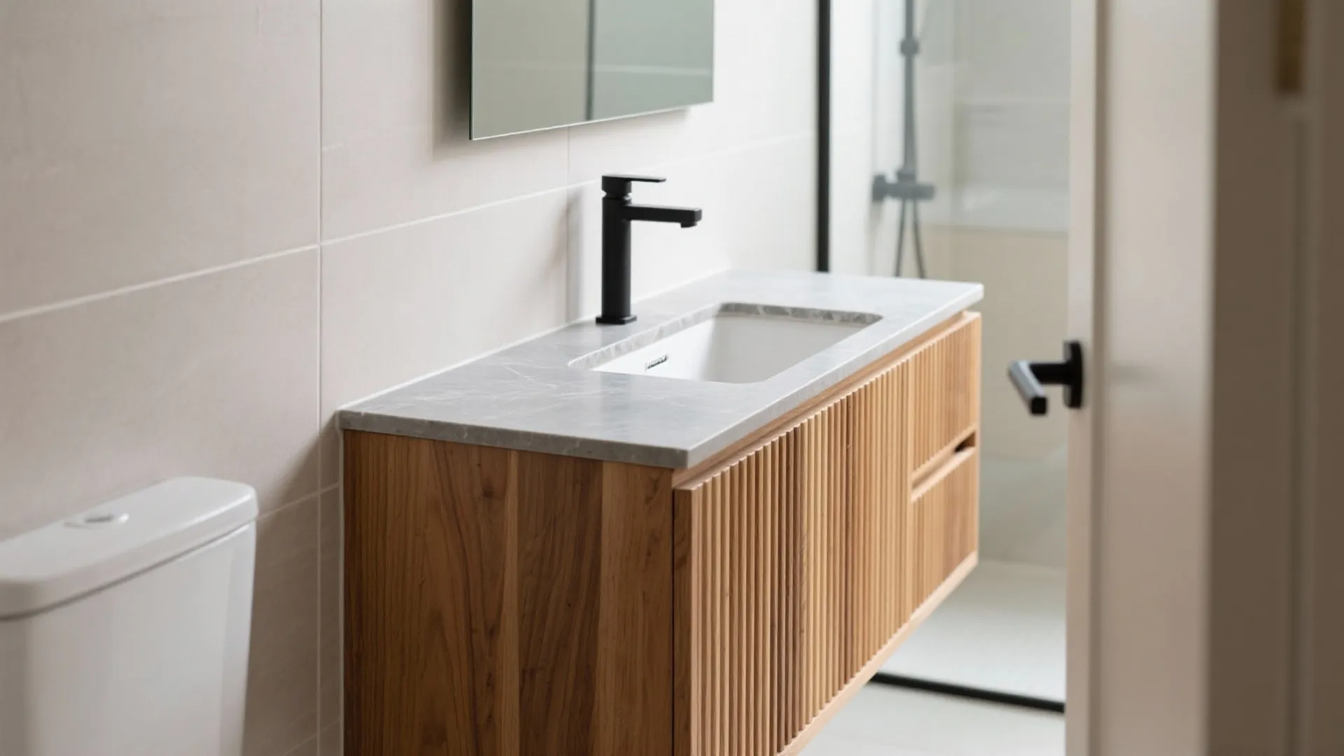 Narrow bathroom with a slim fluted oak vanity and wall-mounted faucet.