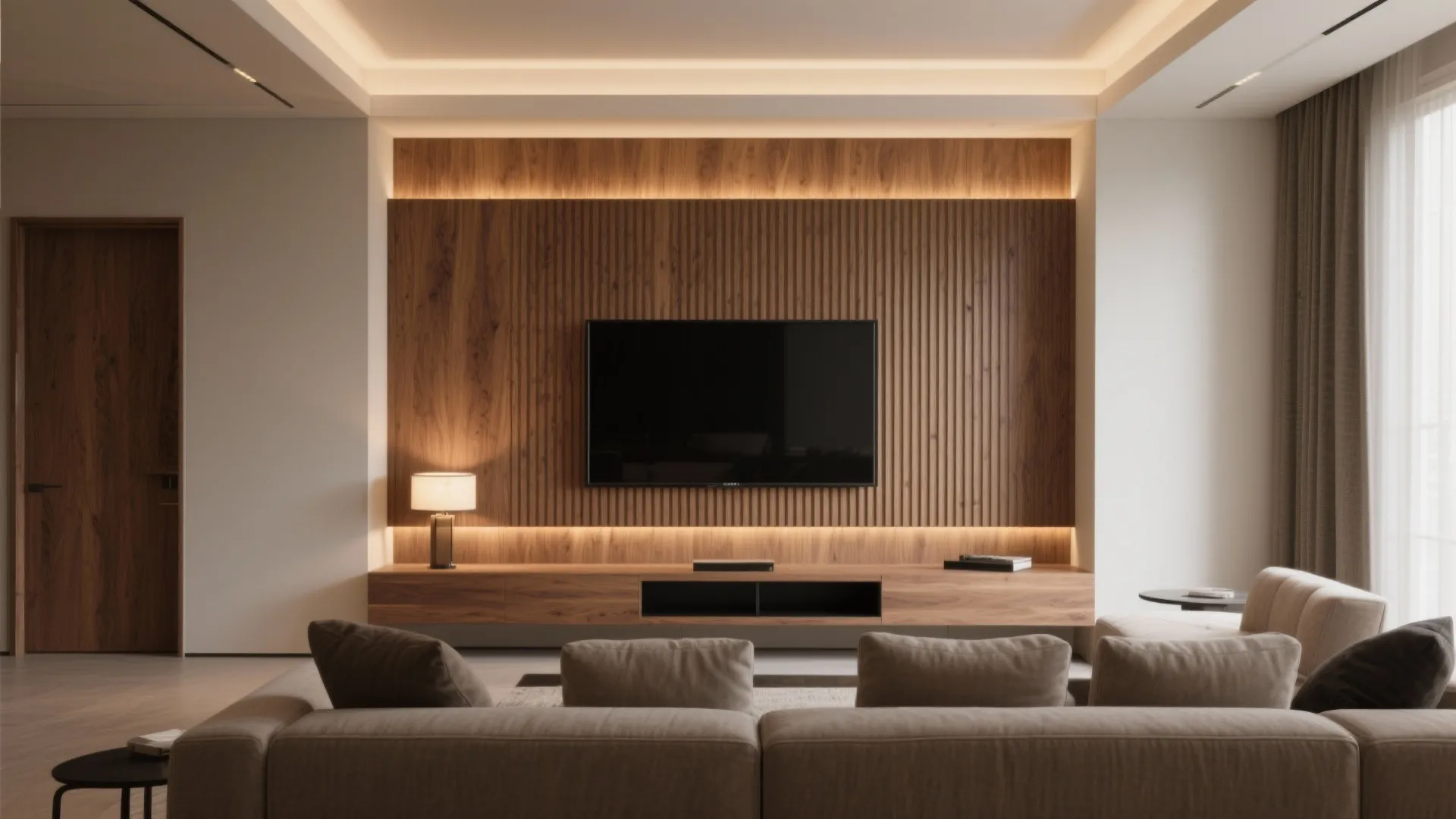 Warm wood, fluted textures, and layered lighting