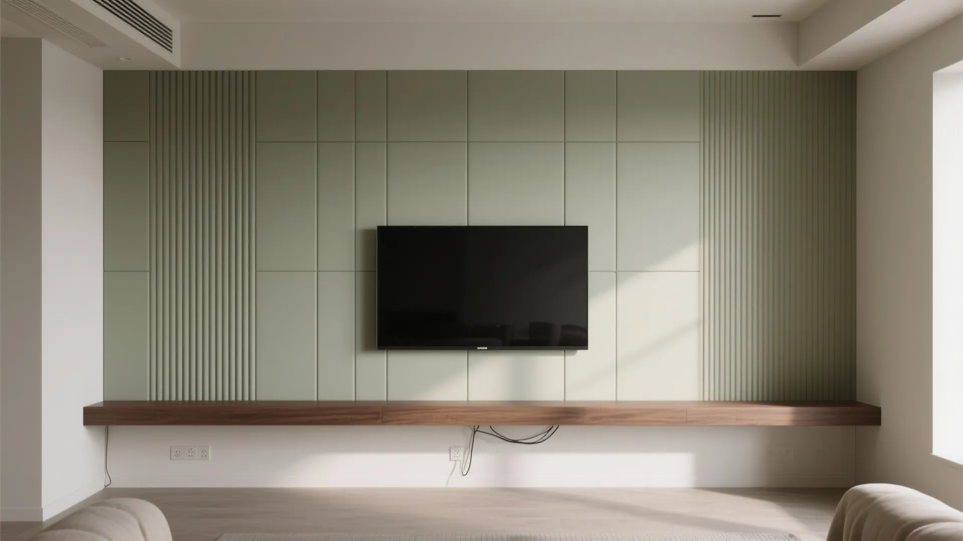 3) Fluted POP panels with warm wood accents