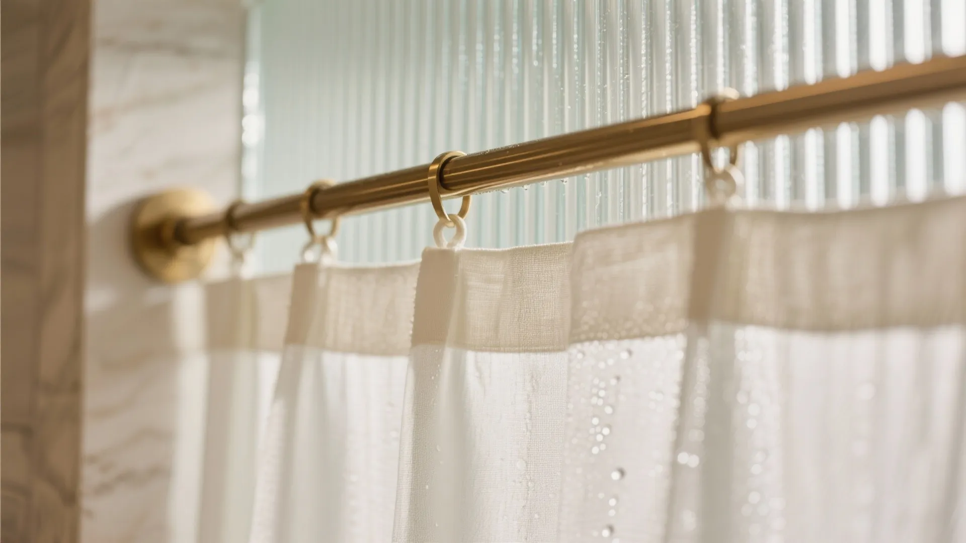 Close up of a white shower curtain with water drops hanging from a gold metal rod