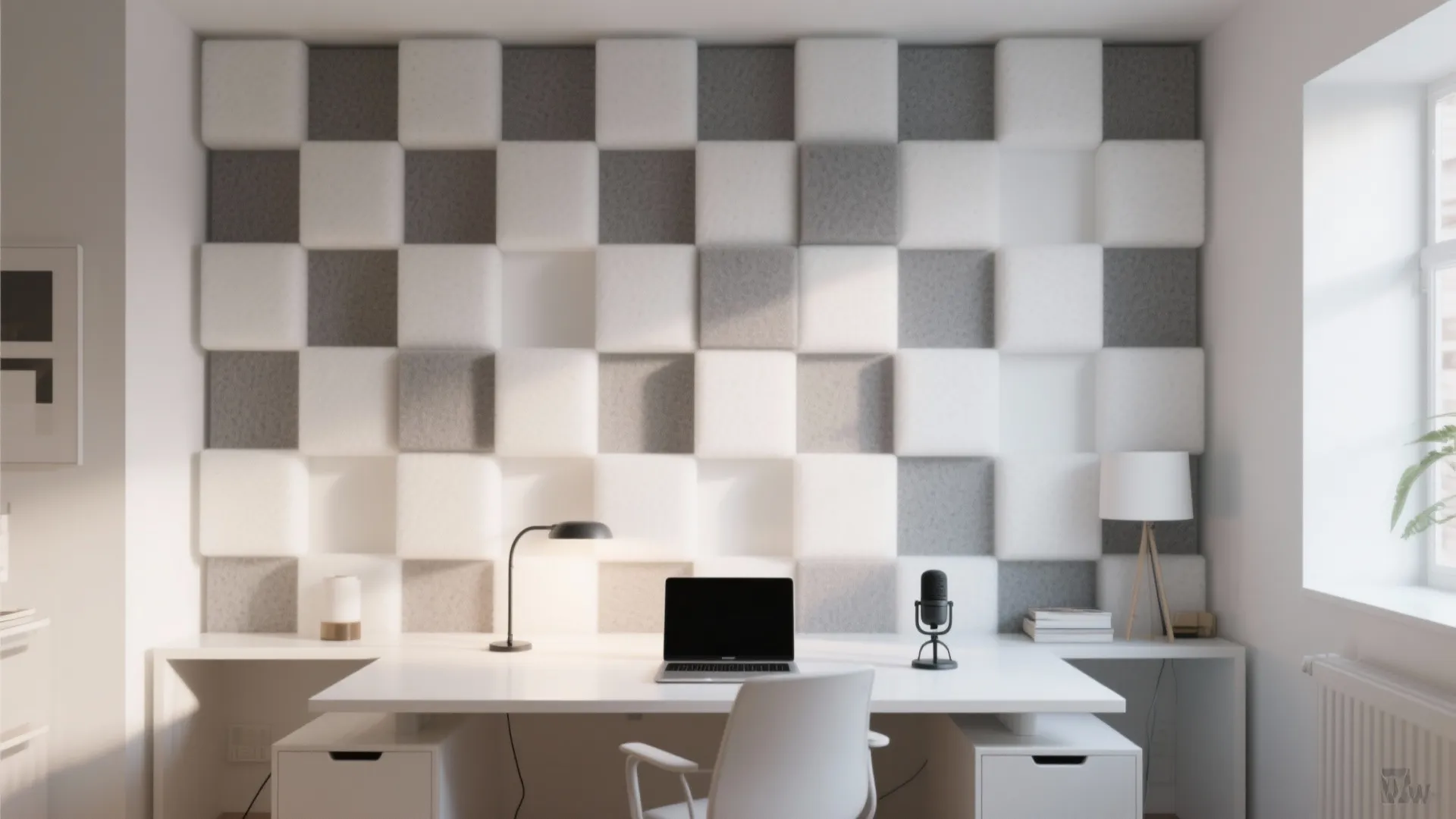 Home office with square wall panels, white desk, laptop, black microphone, and simple white chair