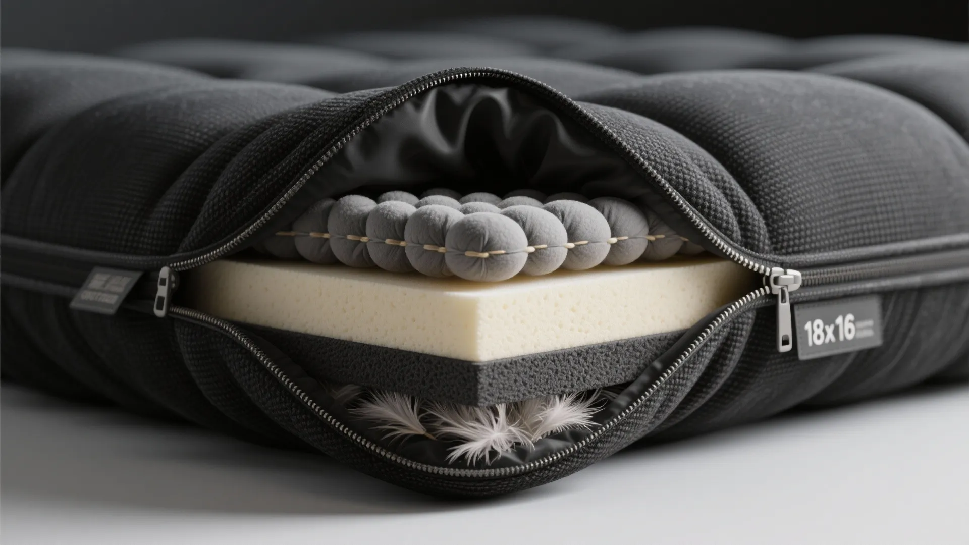 Macro cross-section of an 18 x 16 cushion showing foam core, fiber wrap, and removable cover details.