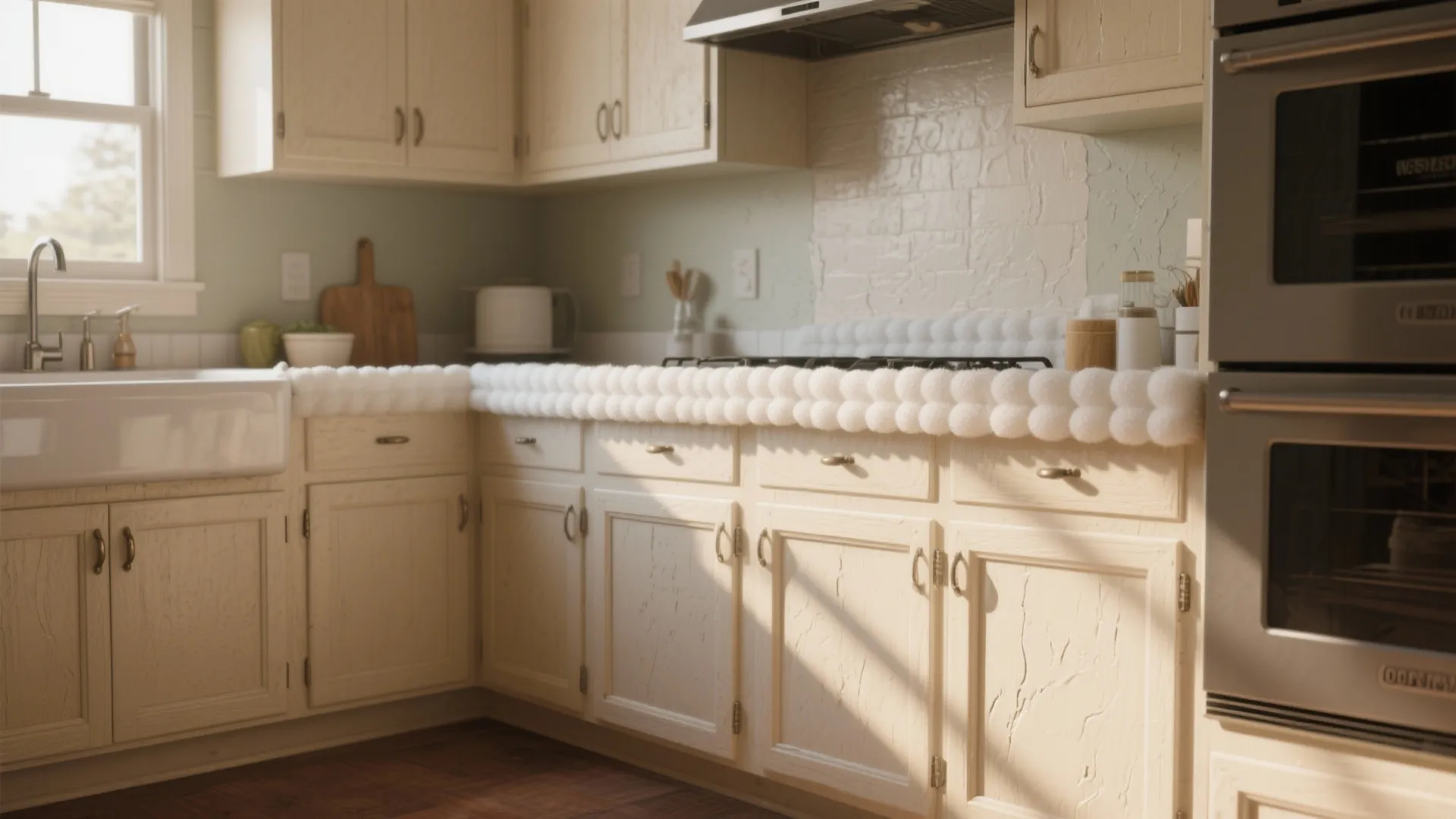 Kitchen counter with white foam protective strip on edge and light wood cabinets with sink