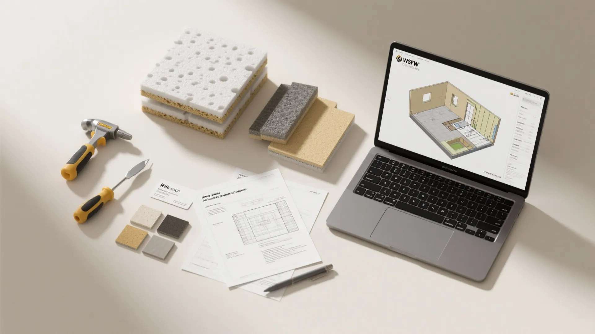 Laptop showing room layout design next to construction tools foam samples and house planning papers