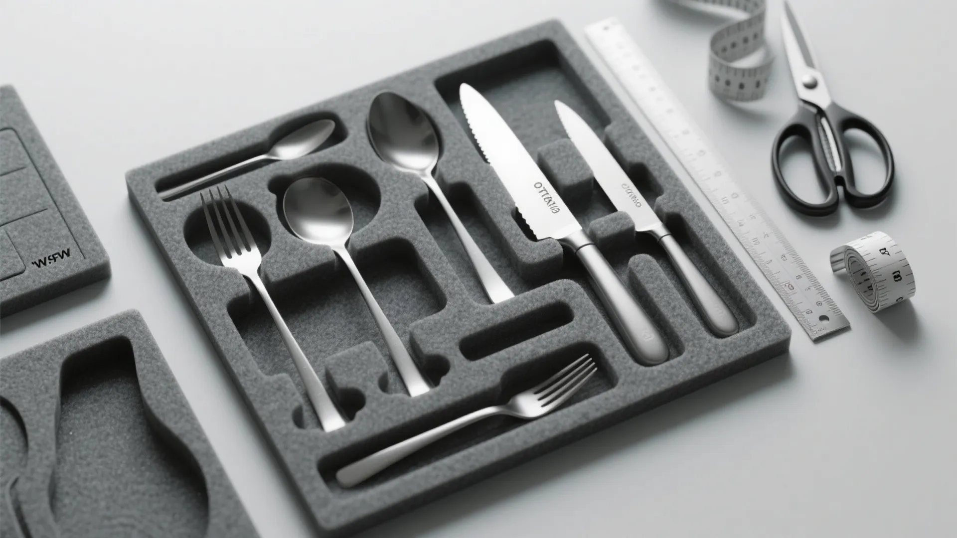 Grey foam drawer organizer insert with slots for spoons forks knives and nearby measuring tools