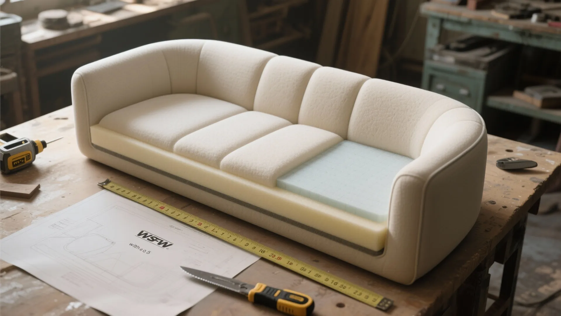 White sofa model showing foam layers on wooden workbench with measuring tape and interior design drawing