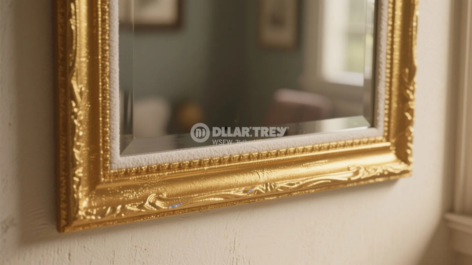 Close up view of a rectangular mirror featuring a decorative gold frame and white border