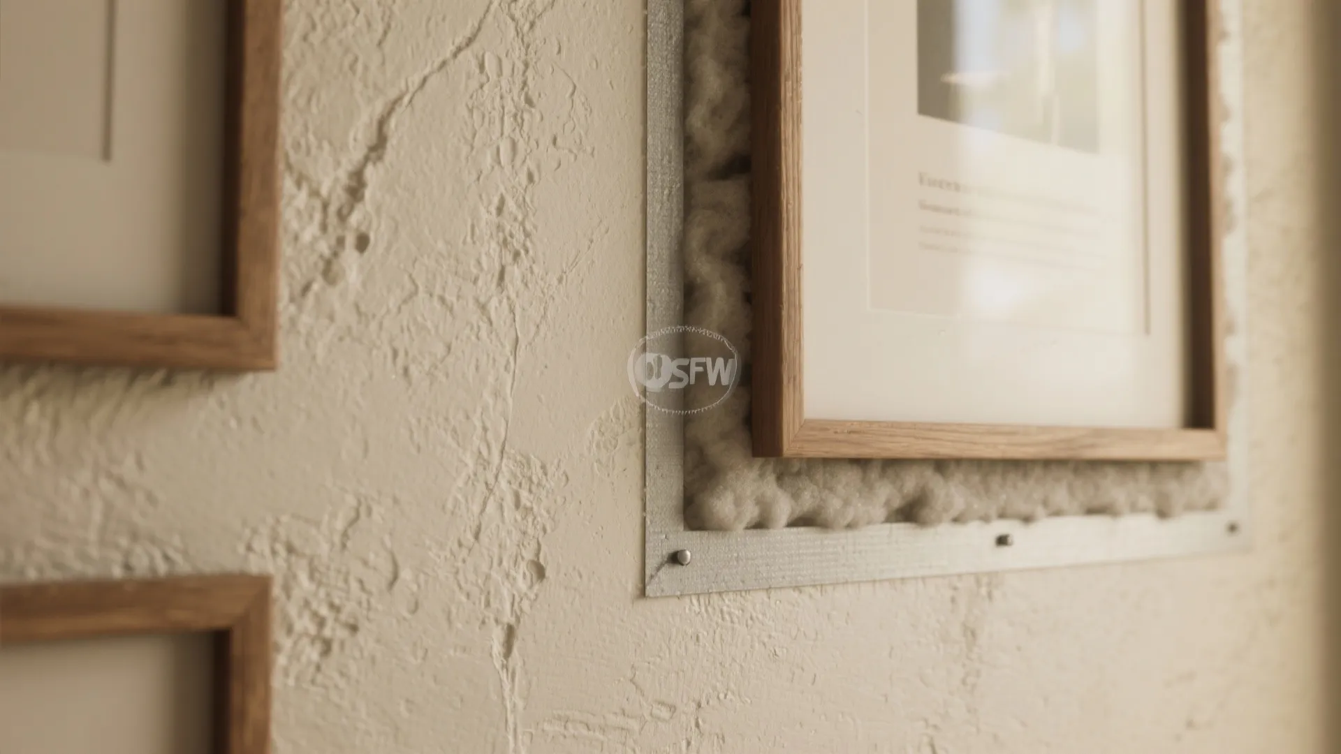 Close up of wooden picture frame mounted on textured wall with gray foam padding behind